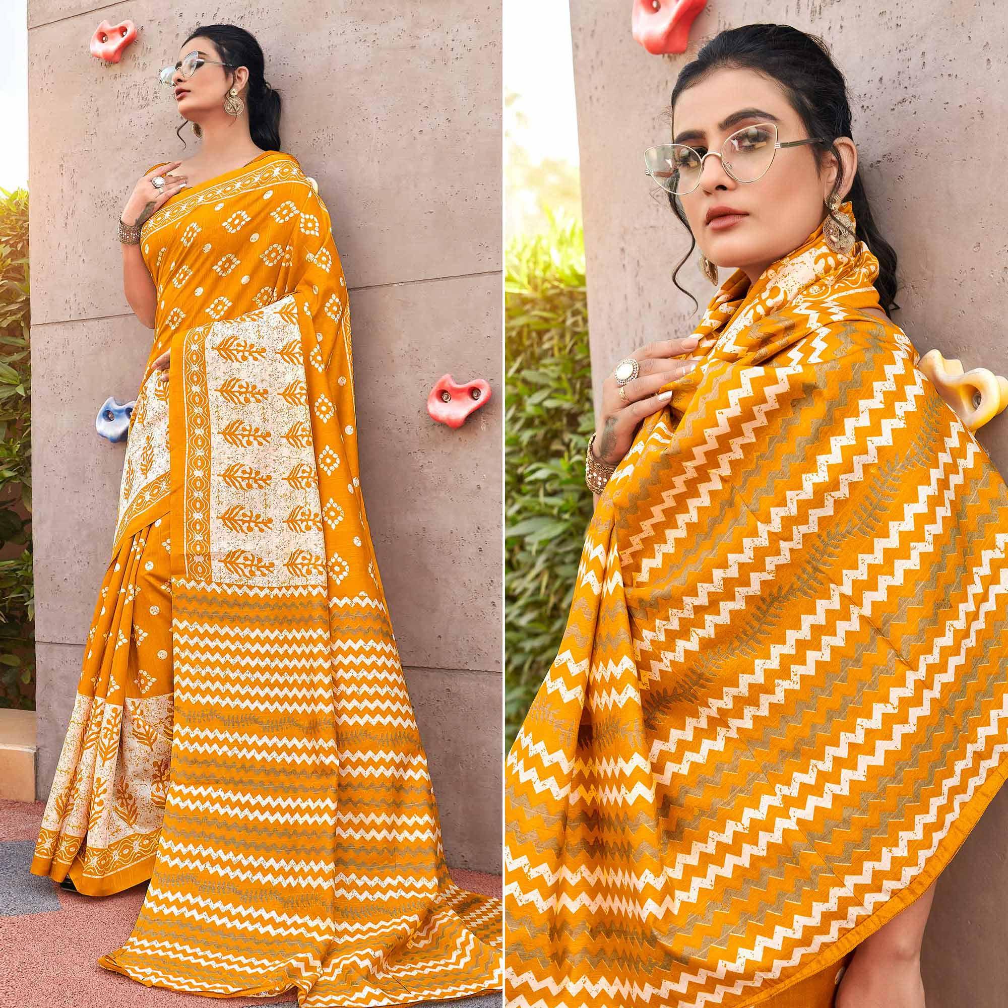 Yellow Casual Wear Zigzag Printed Bhagalpuri Silk Saree - Peachmode