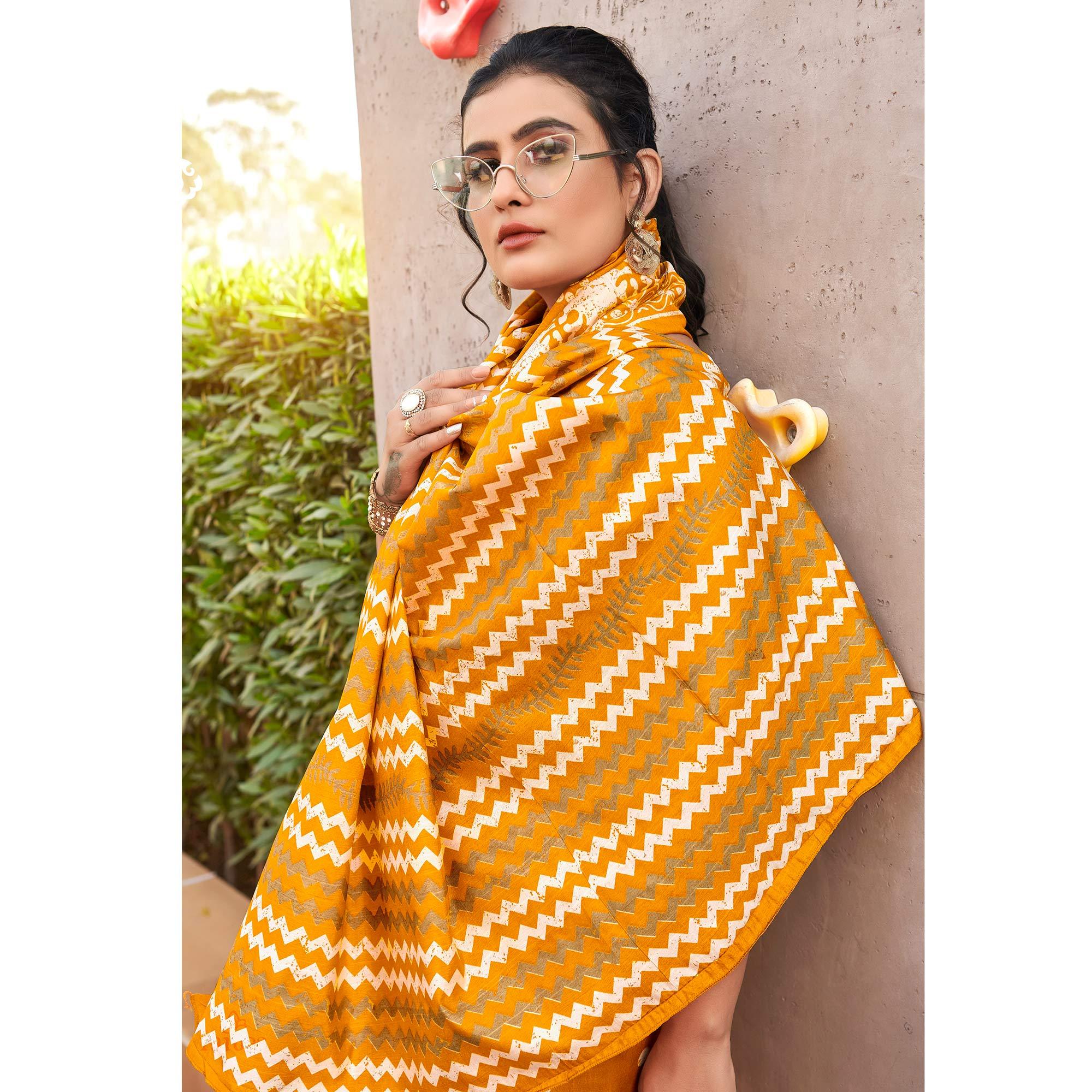 Yellow Casual Wear Zigzag Printed Bhagalpuri Silk Saree - Peachmode