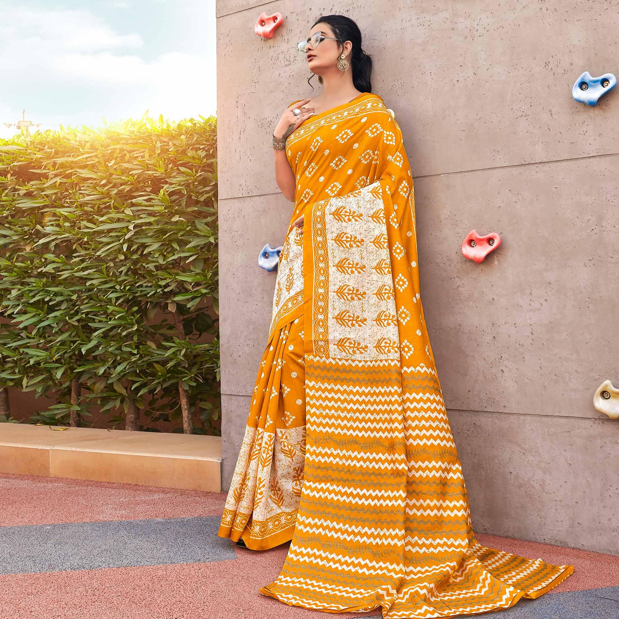 Yellow Casual Wear Zigzag Printed Bhagalpuri Silk Saree - Peachmode