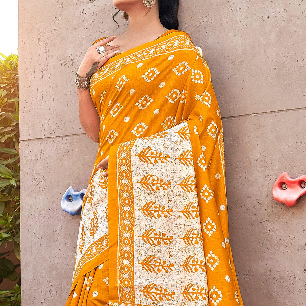 Yellow Casual Wear Zigzag Printed Bhagalpuri Silk Saree - Peachmode