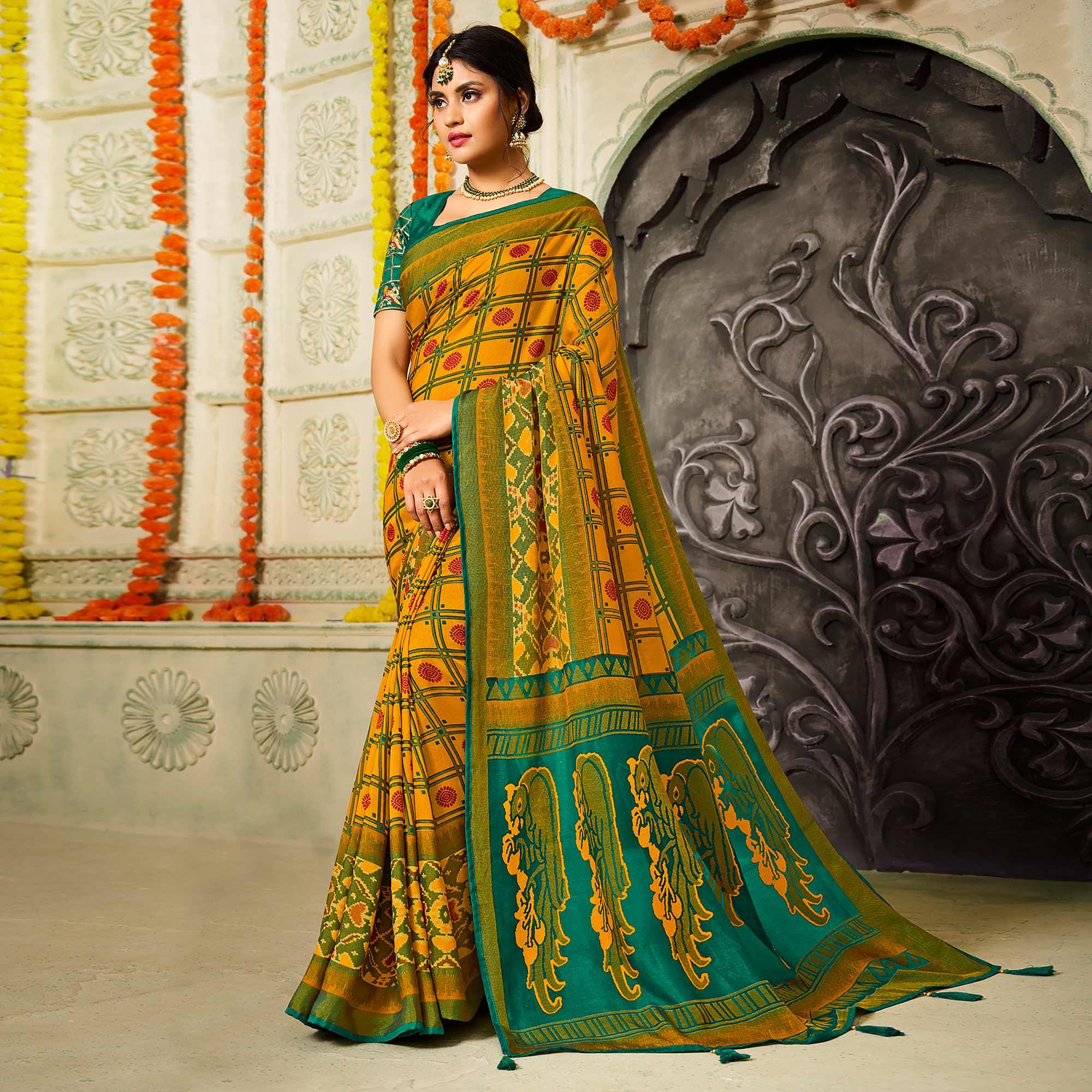 Yellow Checks Printed Brasso Saree With Tassels - Peachmode