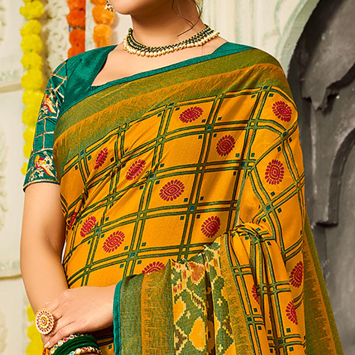 Yellow Checks Printed Brasso Saree With Tassels - Peachmode
