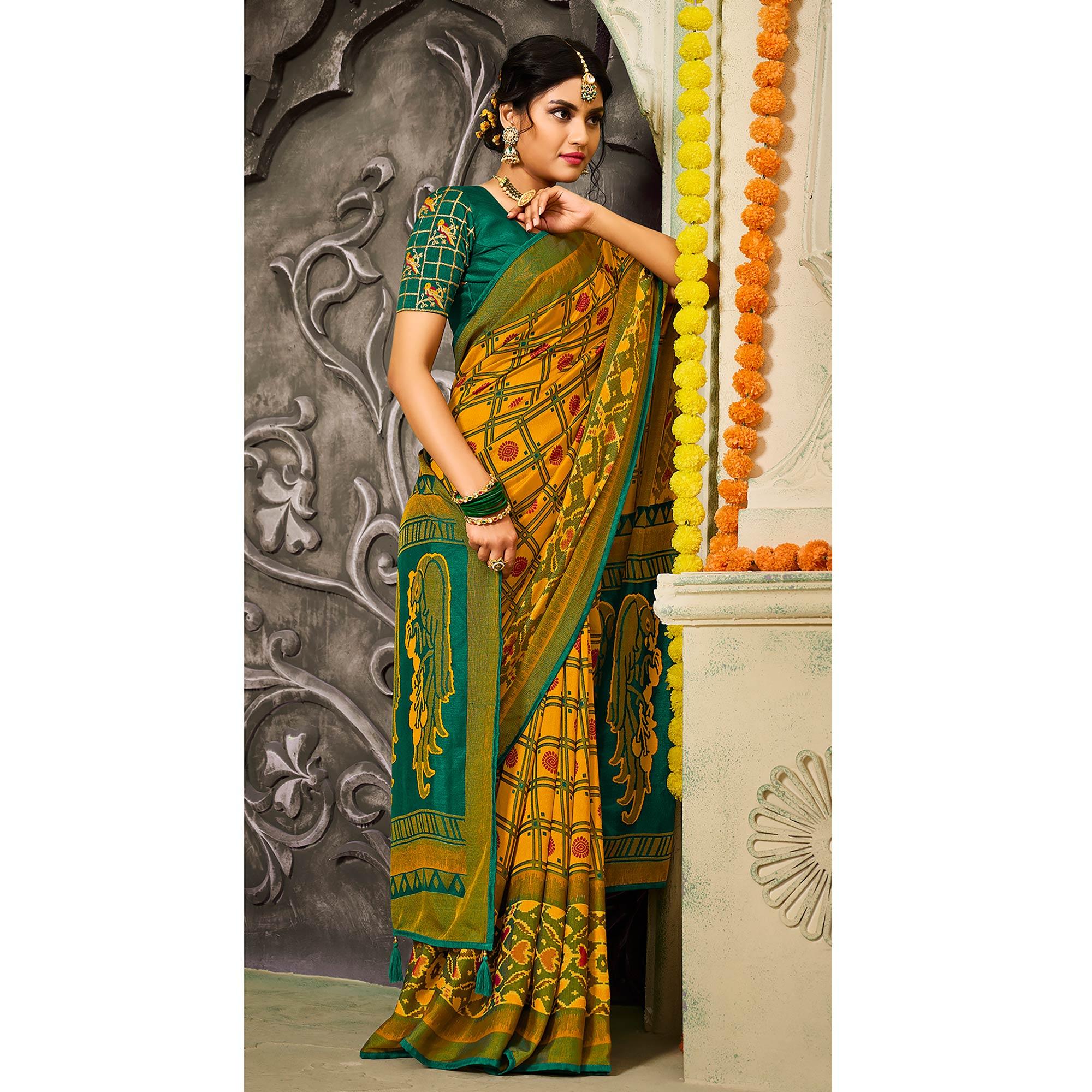 Yellow Checks Printed Brasso Saree With Tassels - Peachmode