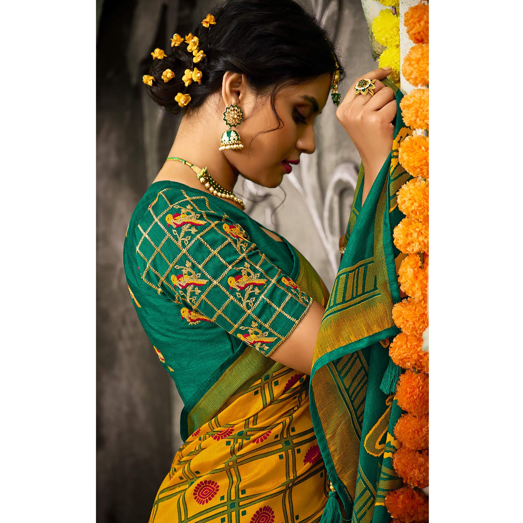 Yellow Checks Printed Brasso Saree With Tassels - Peachmode