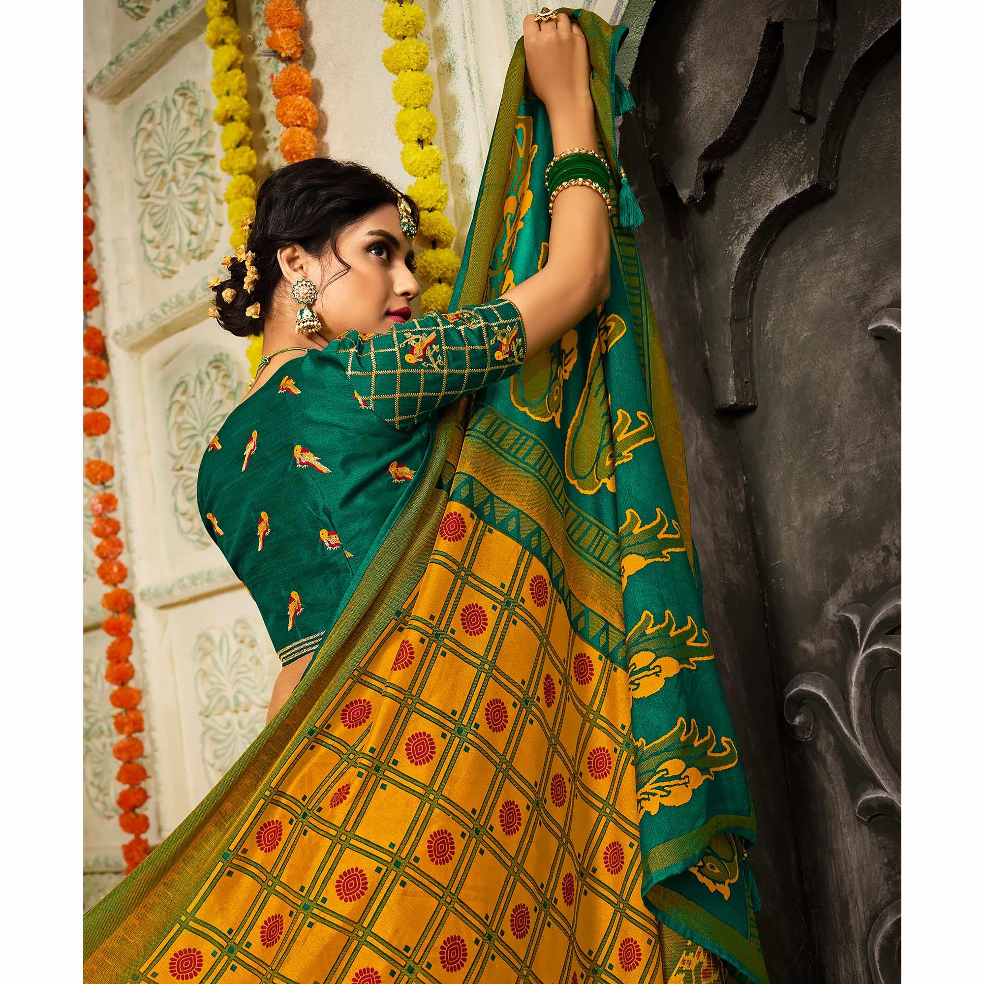 Yellow Checks Printed Brasso Saree With Tassels - Peachmode