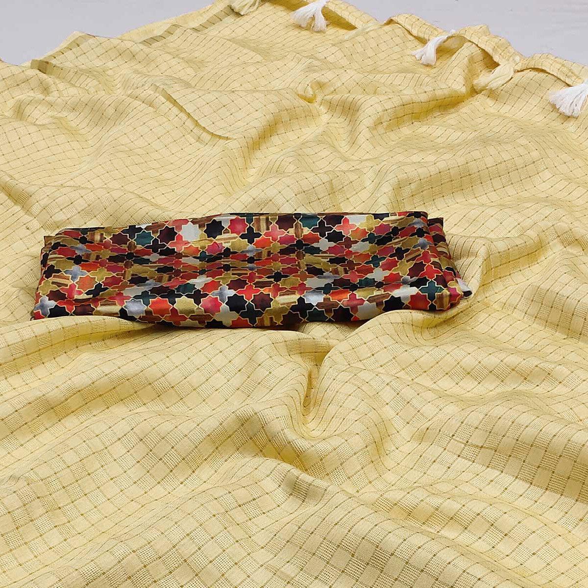 Yellow Checks Printed Jute Saree - Peachmode