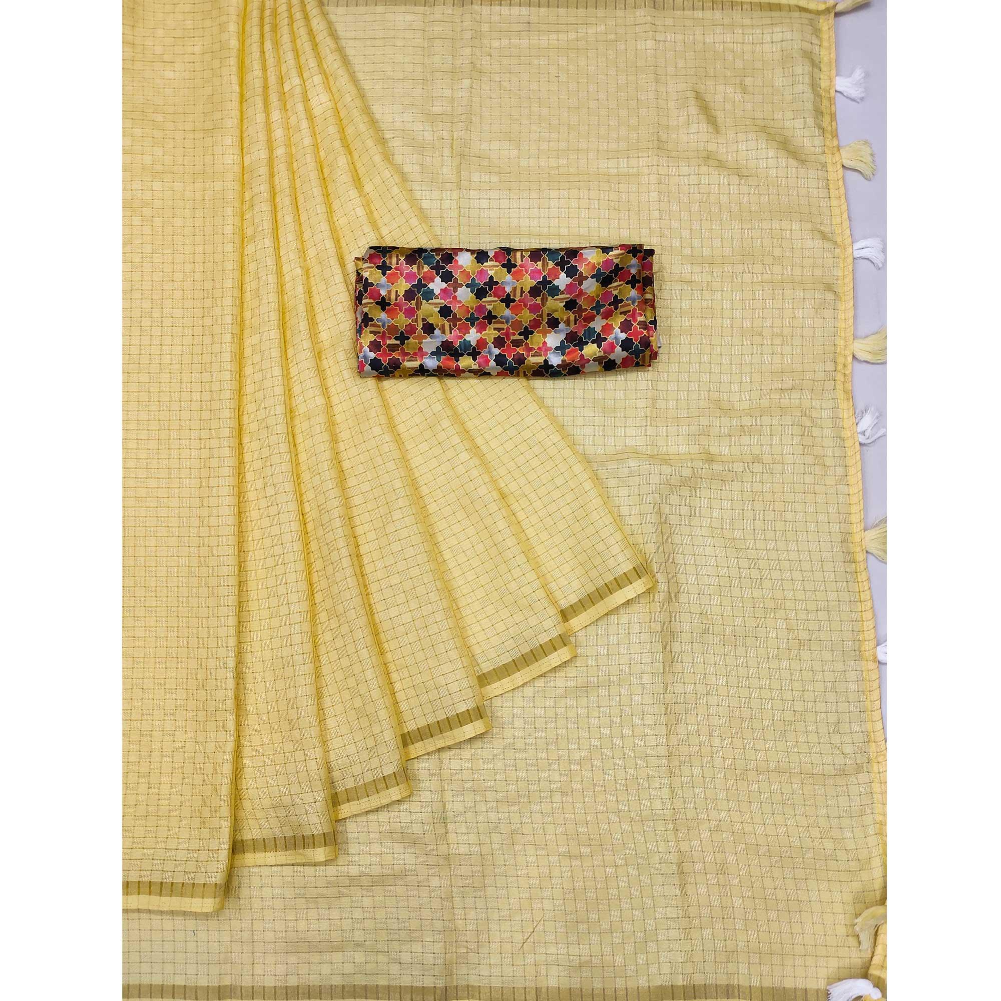 Yellow Checks Printed Jute Saree - Peachmode