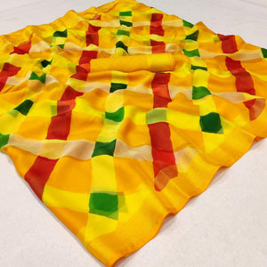 Yellow Cheks Printed Chiffon Saree - Peachmode