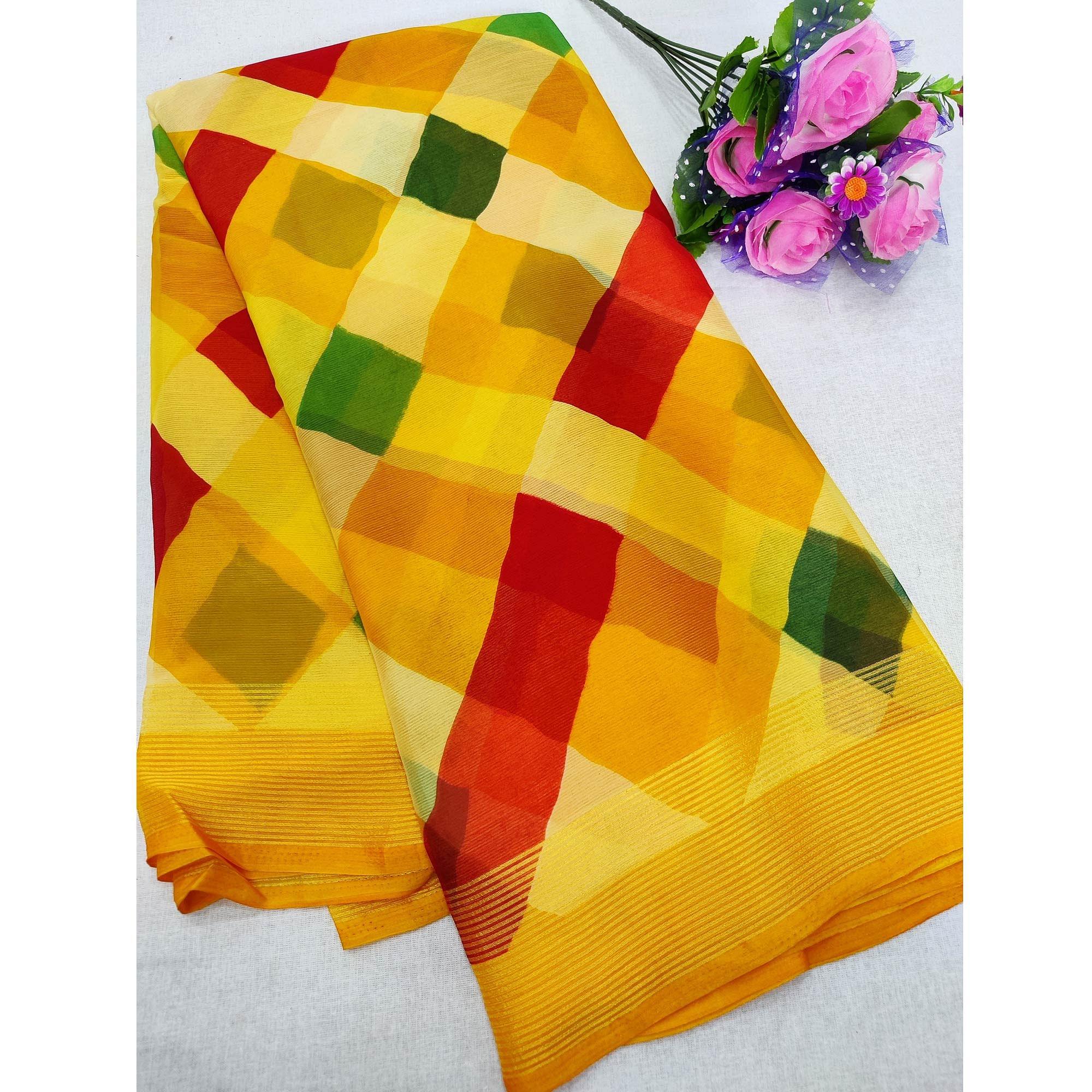Yellow Cheks Printed Chiffon Saree - Peachmode
