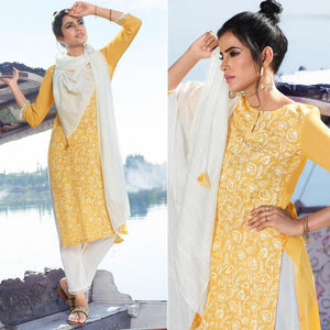 Yellow Colored Partywear Printed Viscose Silk Kurti - Pant Set With Dupatta - Peachmode