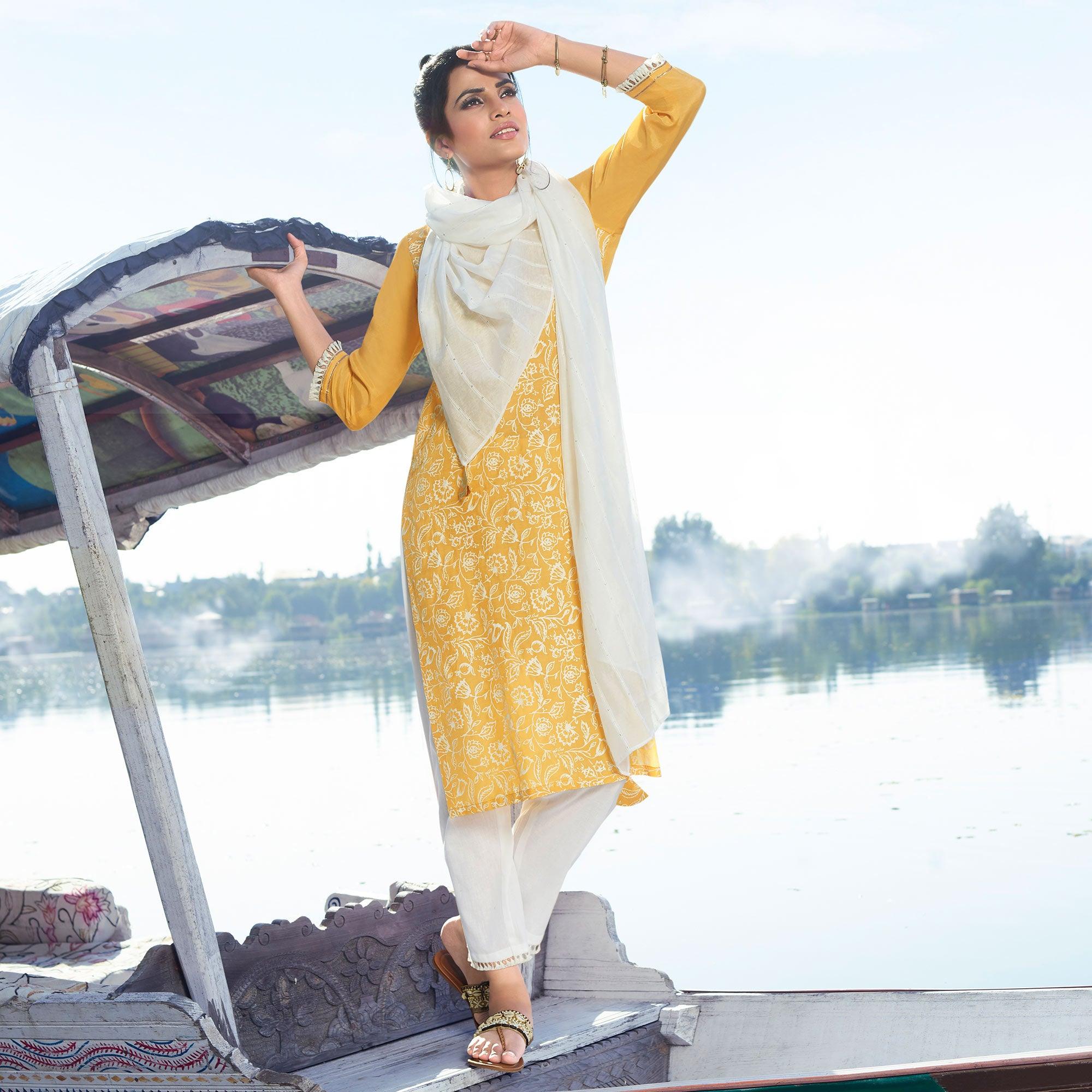 Yellow Colored Partywear Printed Viscose Silk Kurti - Pant Set With Dupatta - Peachmode