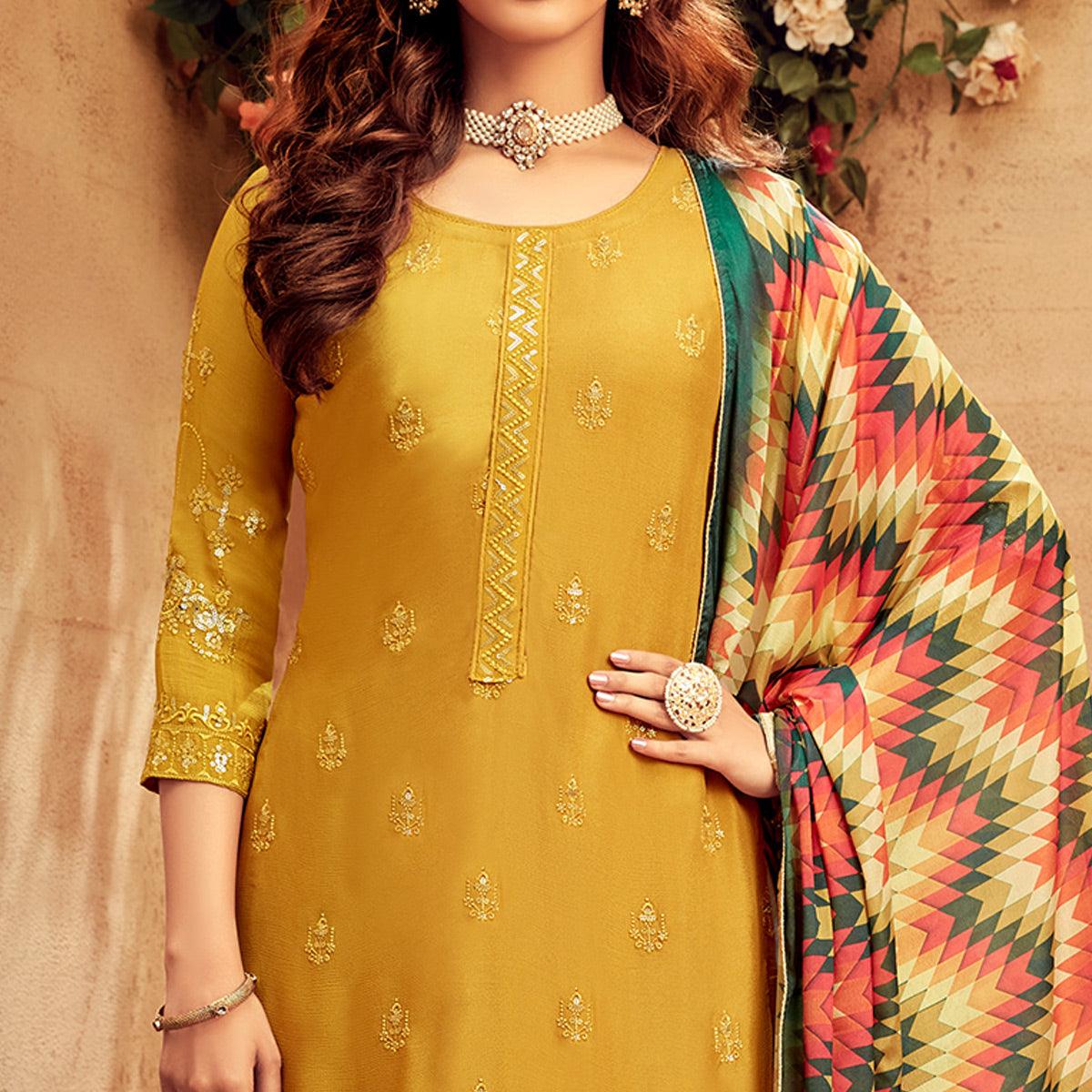 Yellow Coloured Embroidered Partywear Pure Viscose Chiffon Palazzo Suit - Peachmode