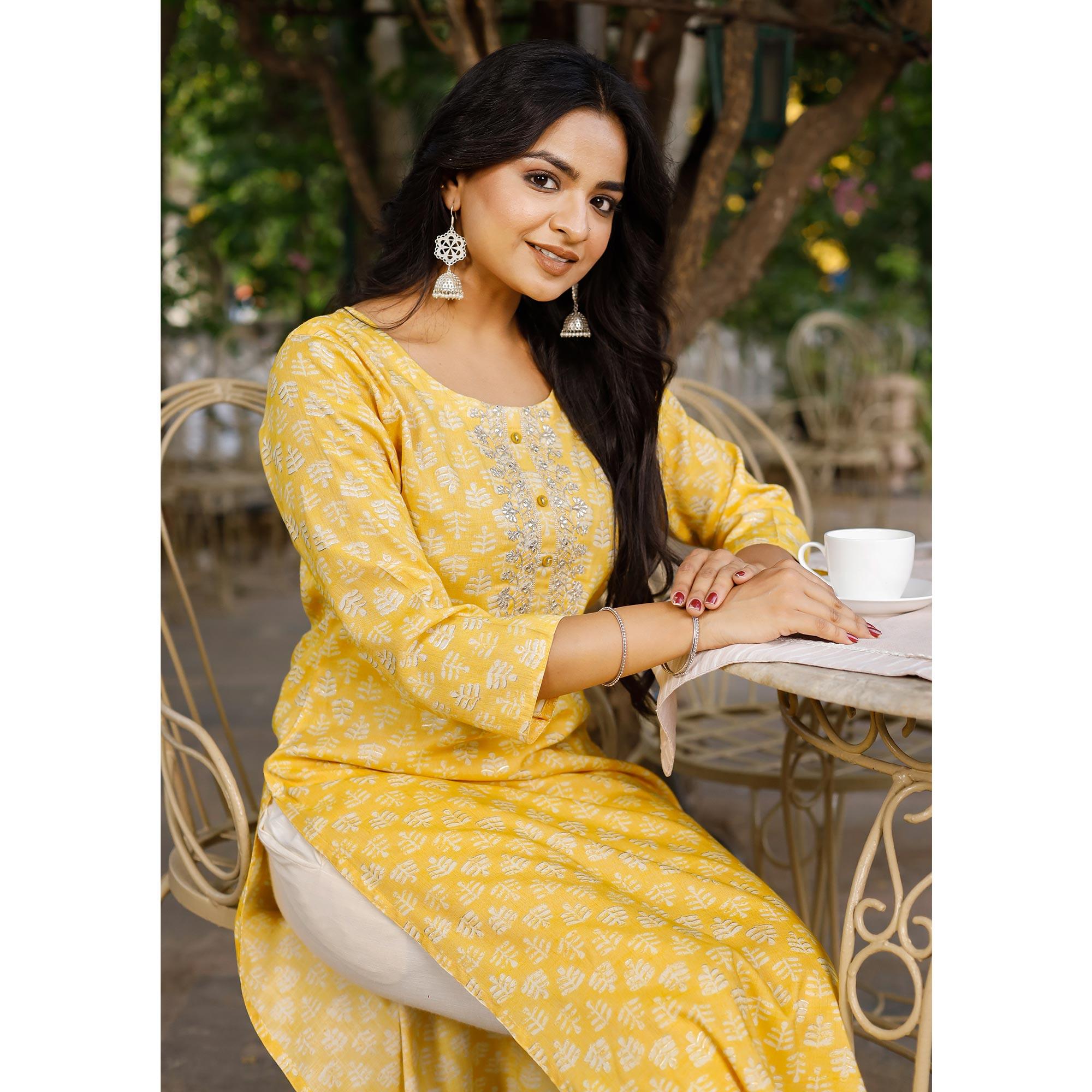 Yellow Crayon Printed Rayon Kurti - Peachmode