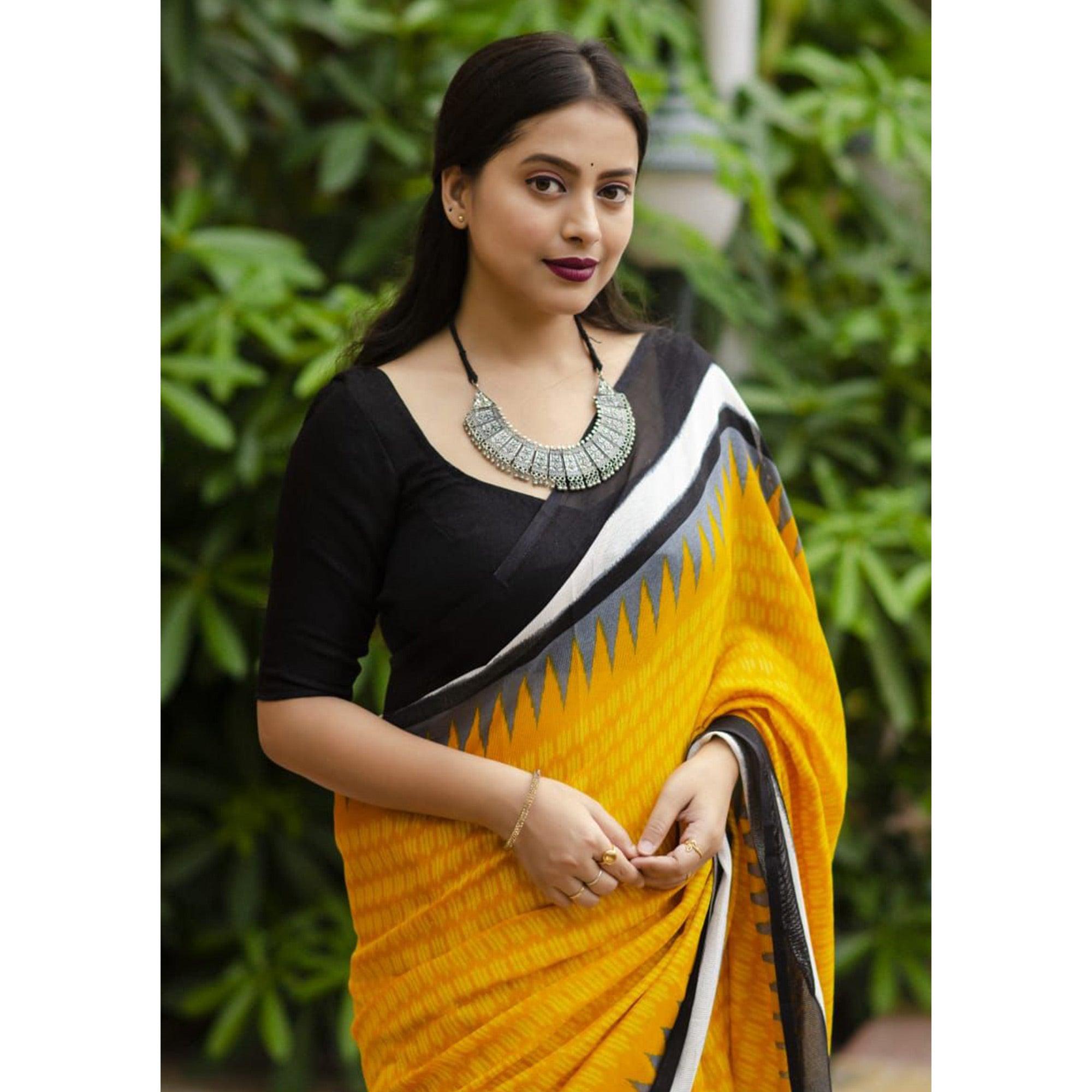 Yellow Digital Ikkat Printed Linen Saree - Peachmode