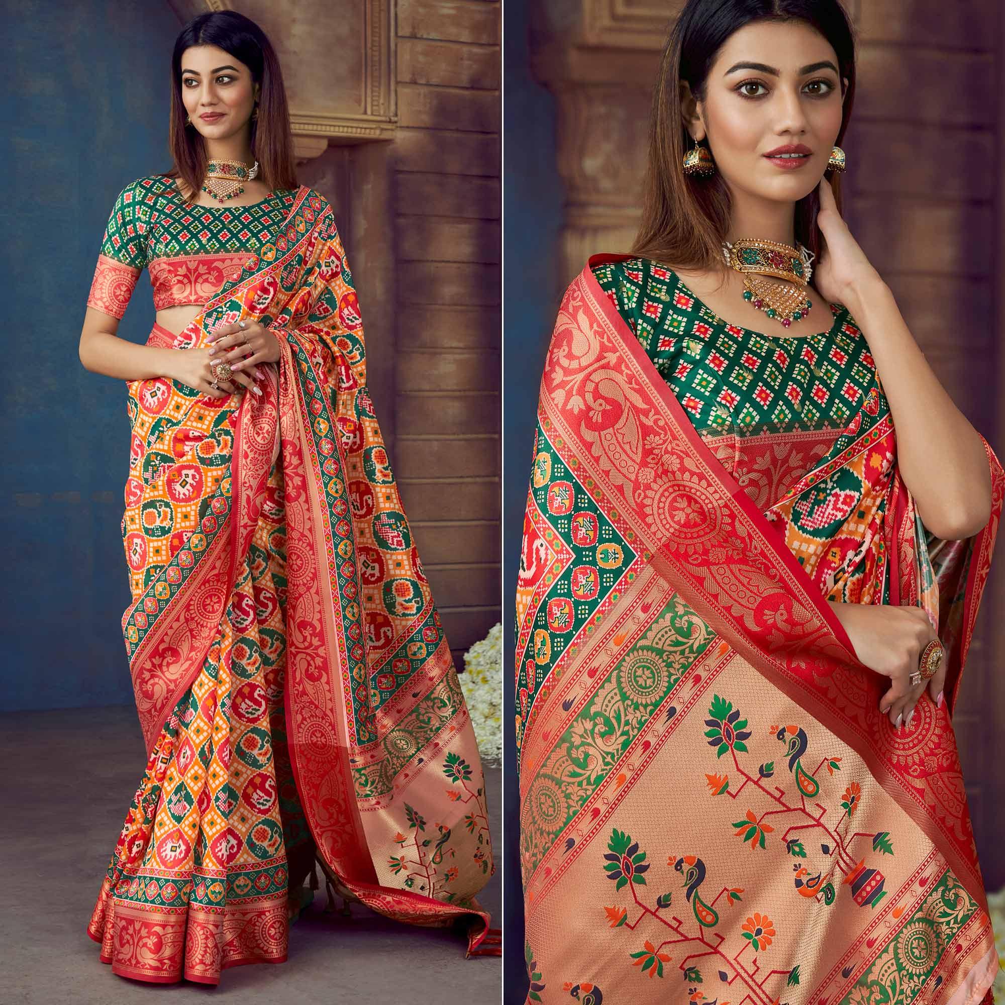 Yellow Digital Printed Art Silk Saree With Tassels - Peachmode