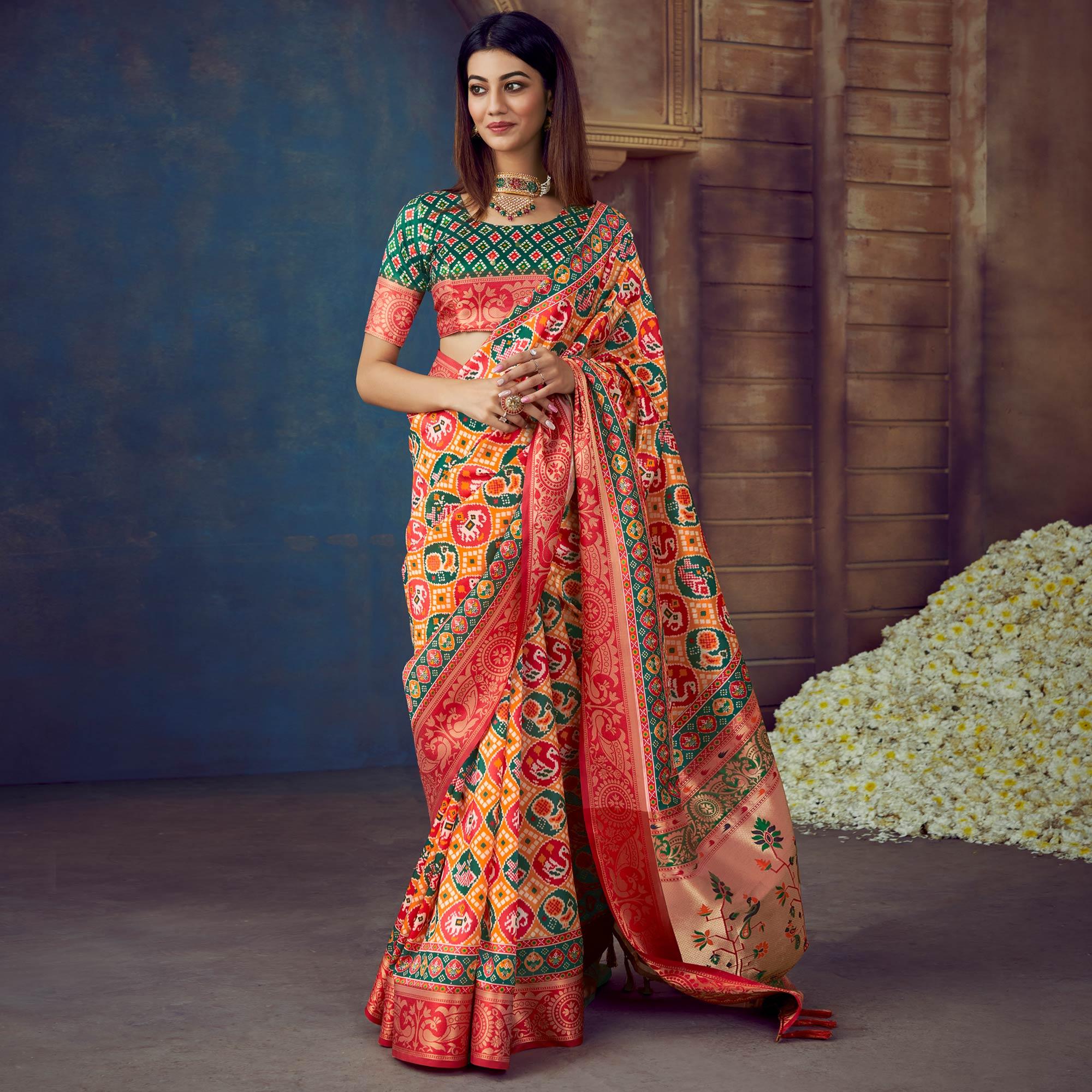 Yellow Digital Printed Art Silk Saree With Tassels - Peachmode