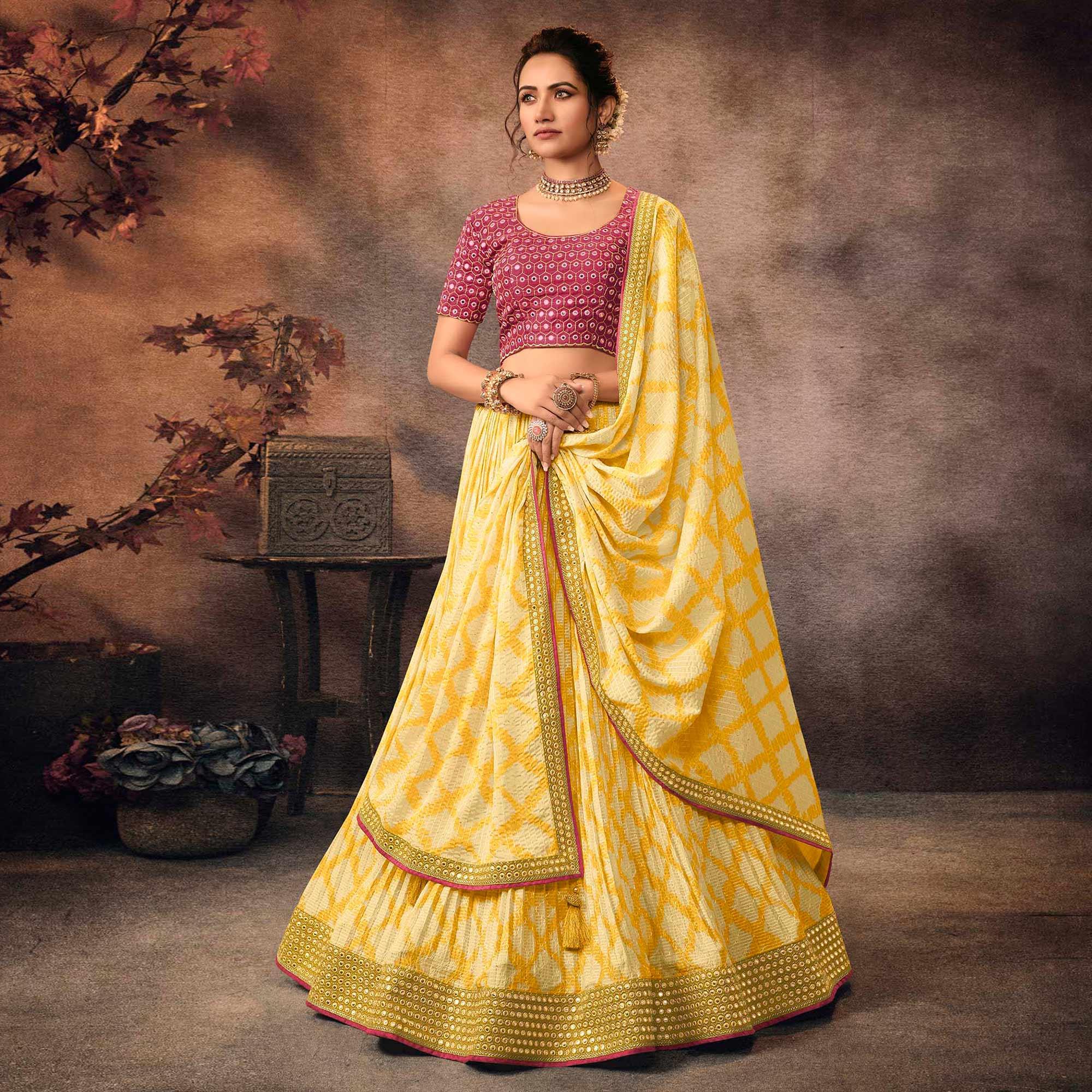 Yellow Digital Printed-Embellished Chiffon Lehenga Choli - Peachmode