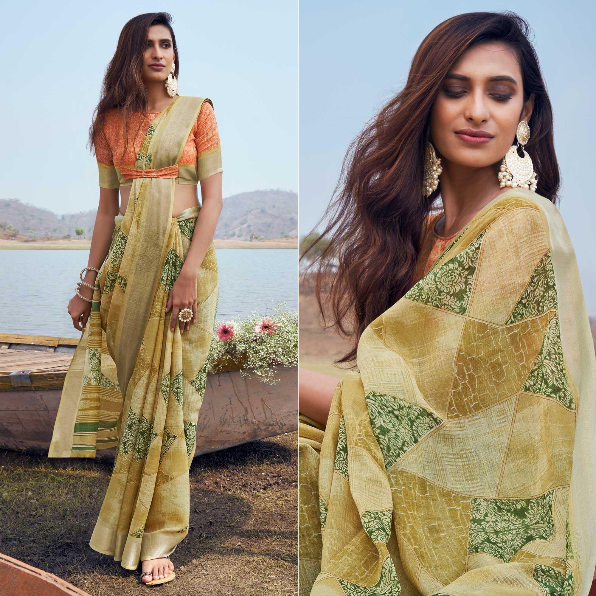 Yellow Digital Printed Linen Saree - Peachmode