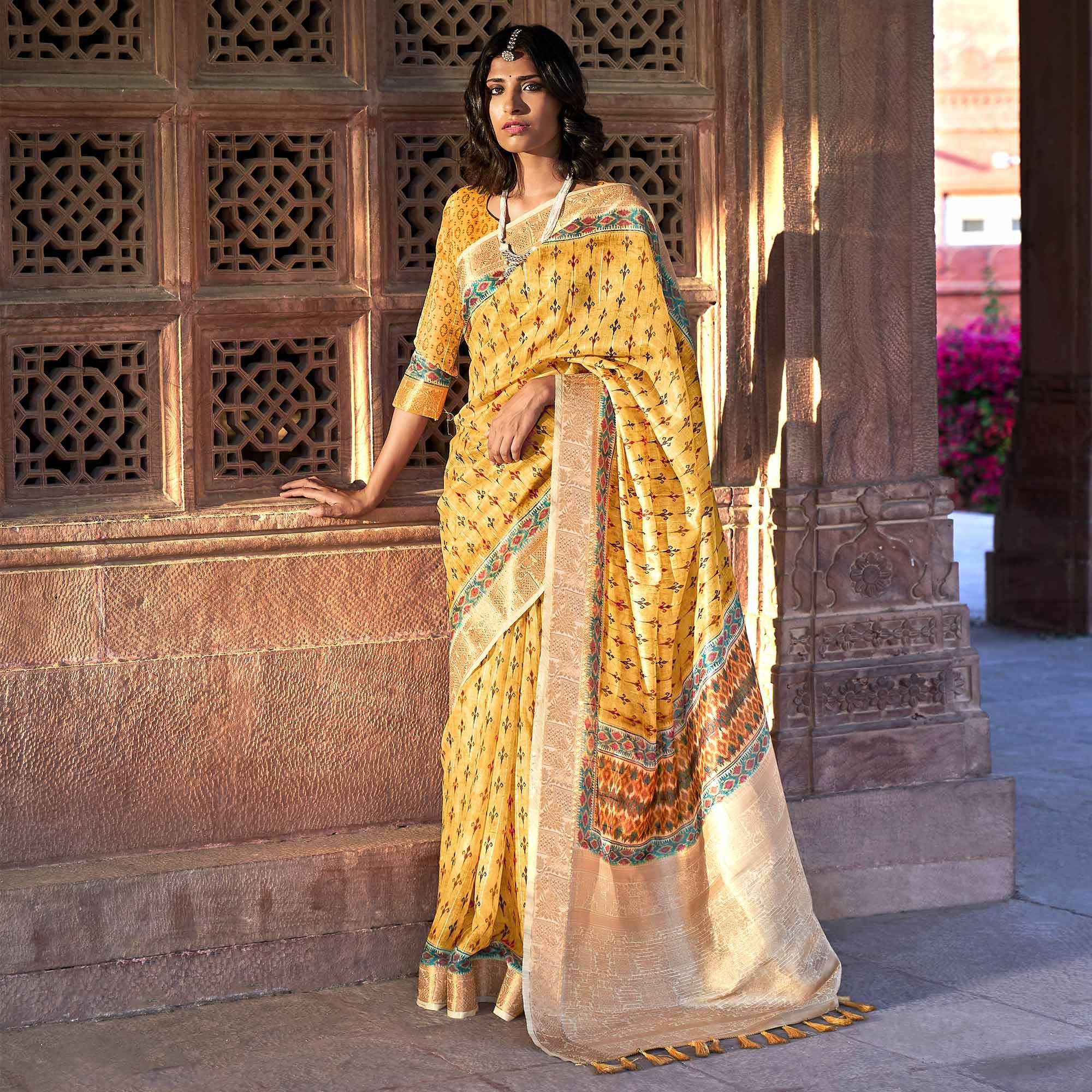 Yellow Digital Printed Linen Saree - Peachmode