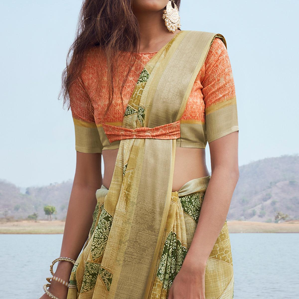 Yellow Digital Printed Linen Saree - Peachmode
