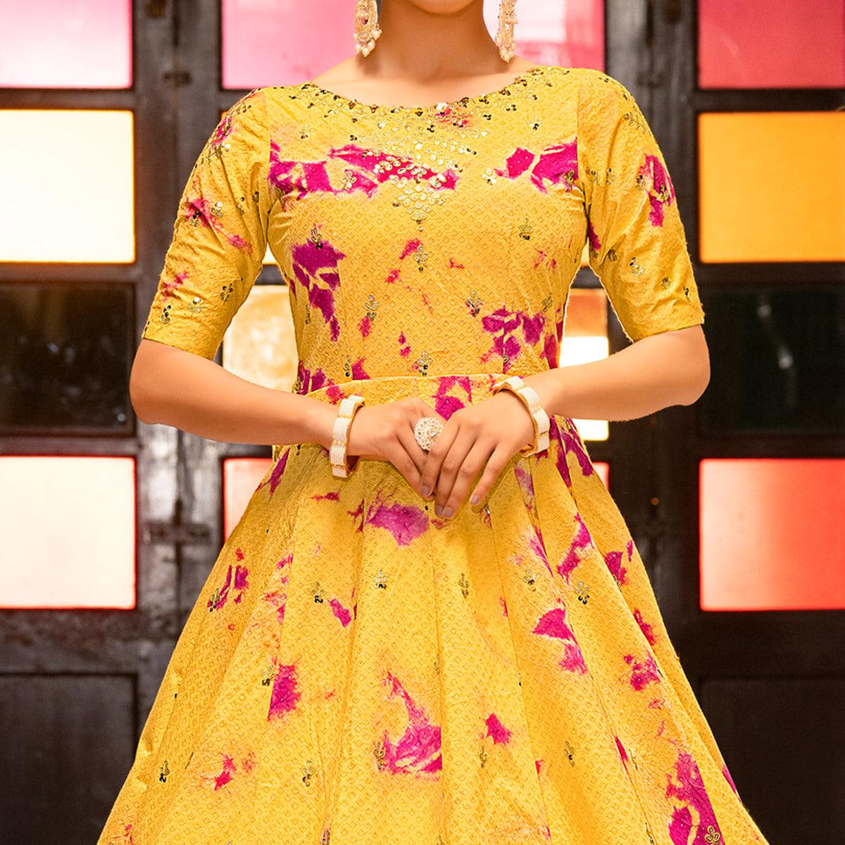 Yellow Digital Printed With Sequence Embroidered Poly Cotton Gown - Peachmode
