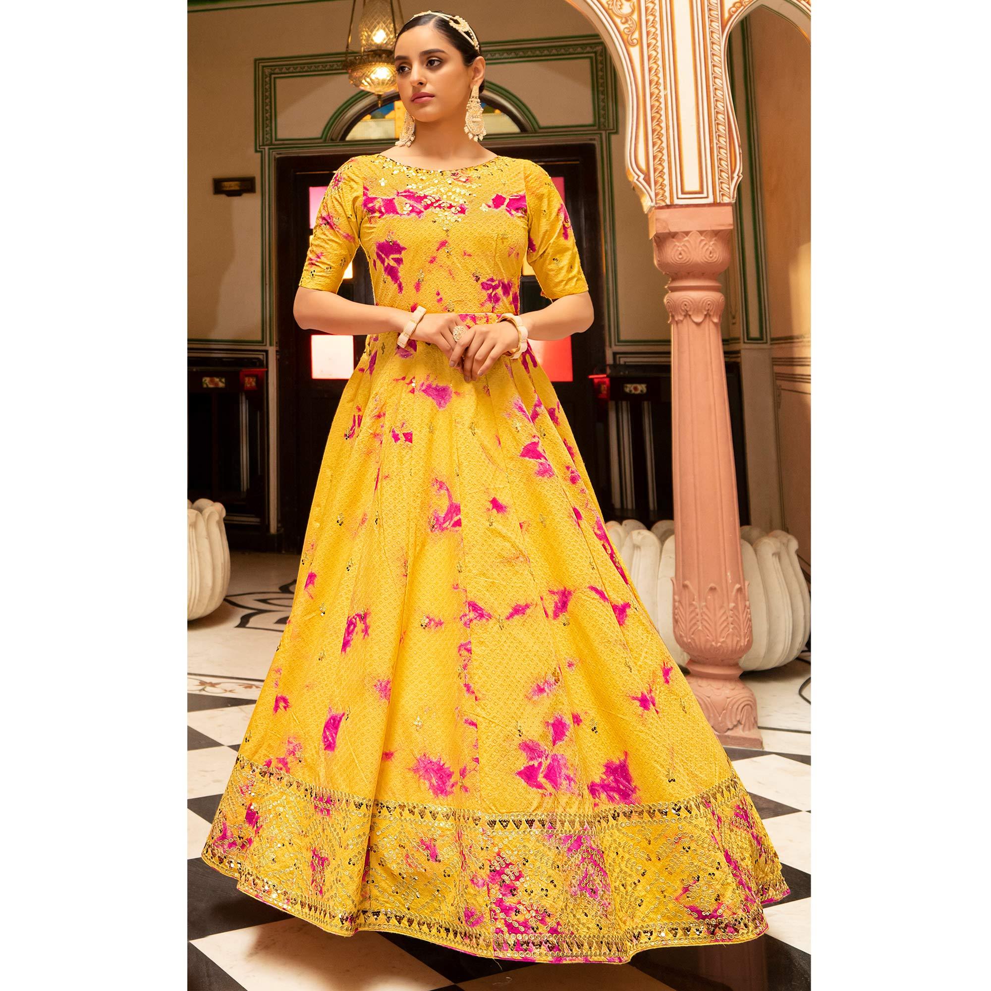 Yellow Digital Printed With Sequence Embroidered Poly Cotton Gown - Peachmode