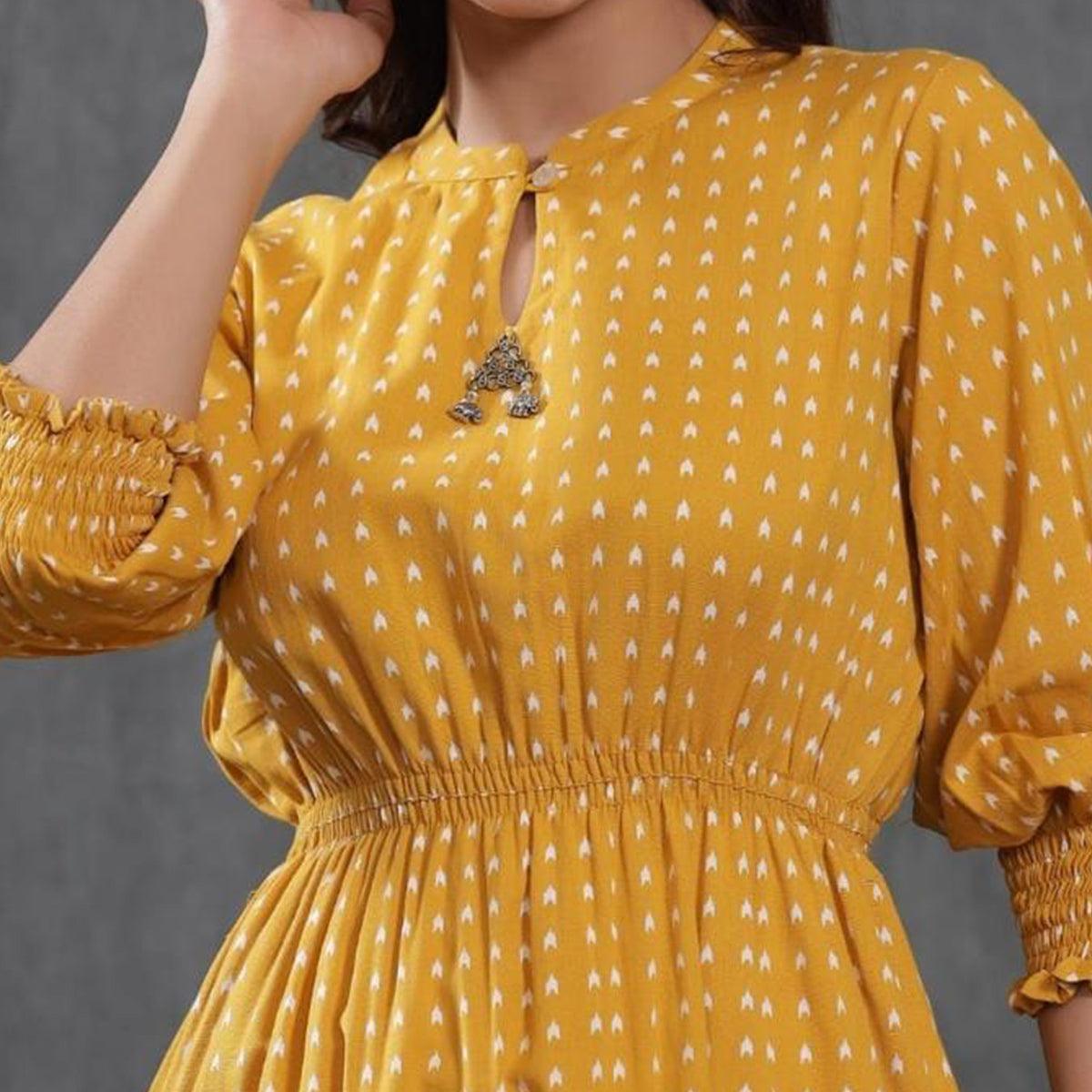 Yellow Dot Printed Pure Cotton Western Dress - Peachmode