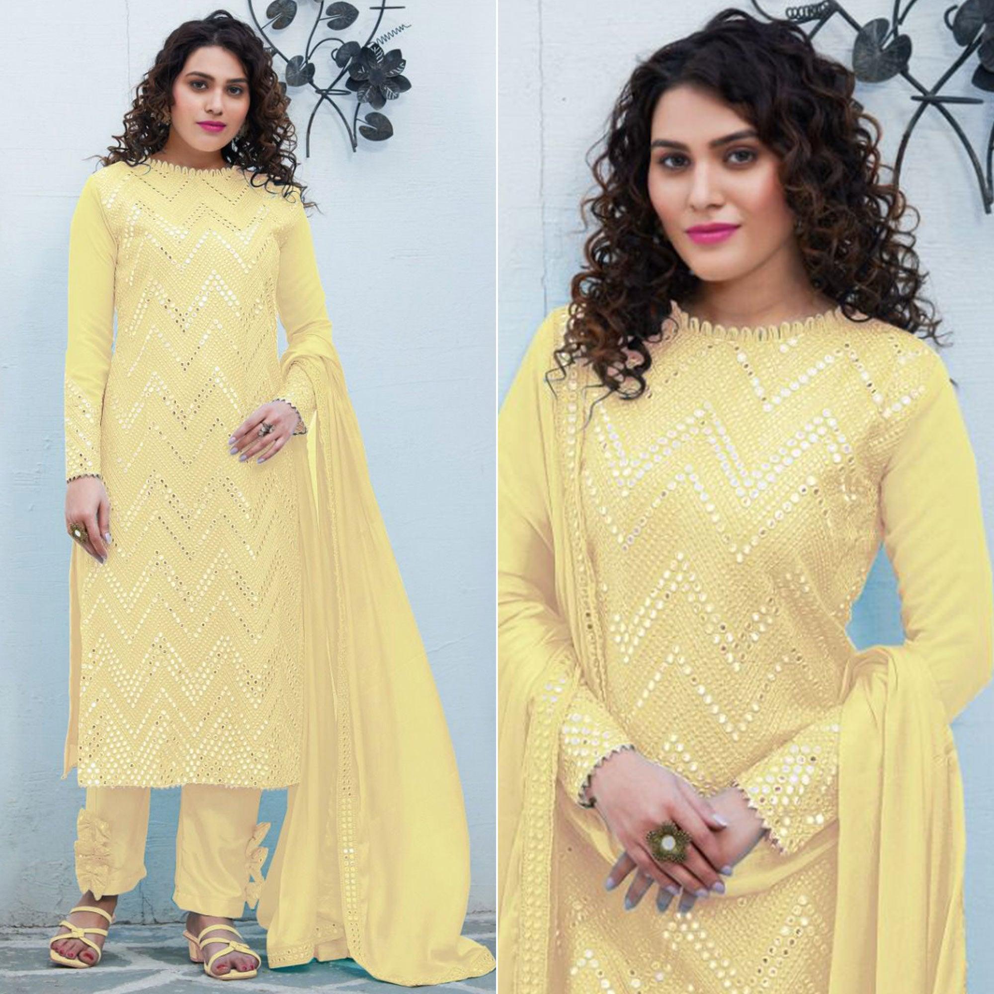 Yellow Embellished & Embroidered Georgette Partywear Suit - Peachmode