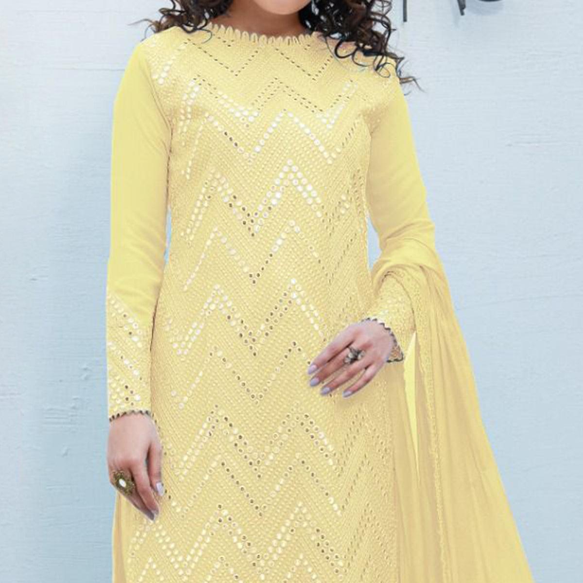 Yellow Embellished & Embroidered Georgette Partywear Suit - Peachmode