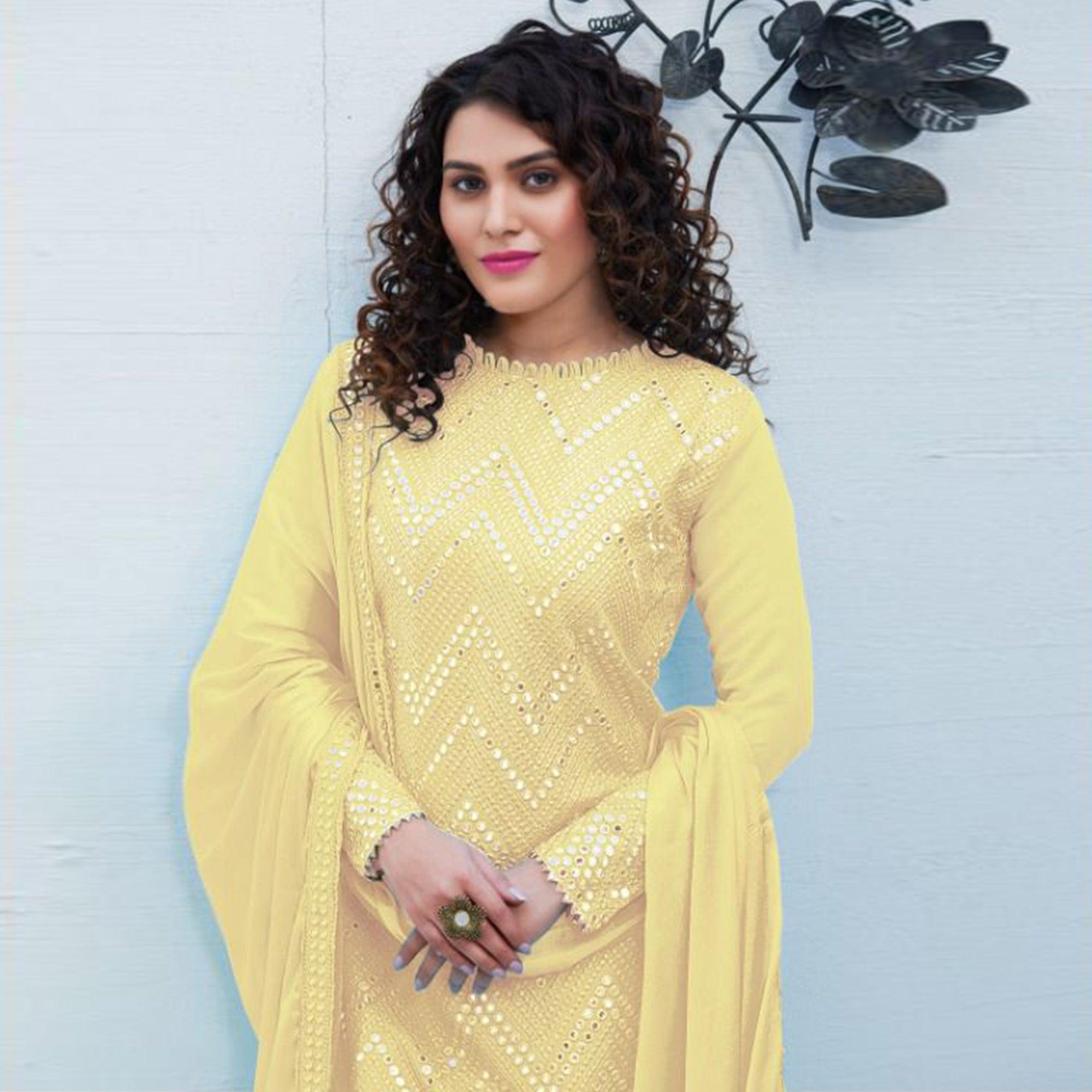 Yellow Embellished & Embroidered Georgette Partywear Suit - Peachmode