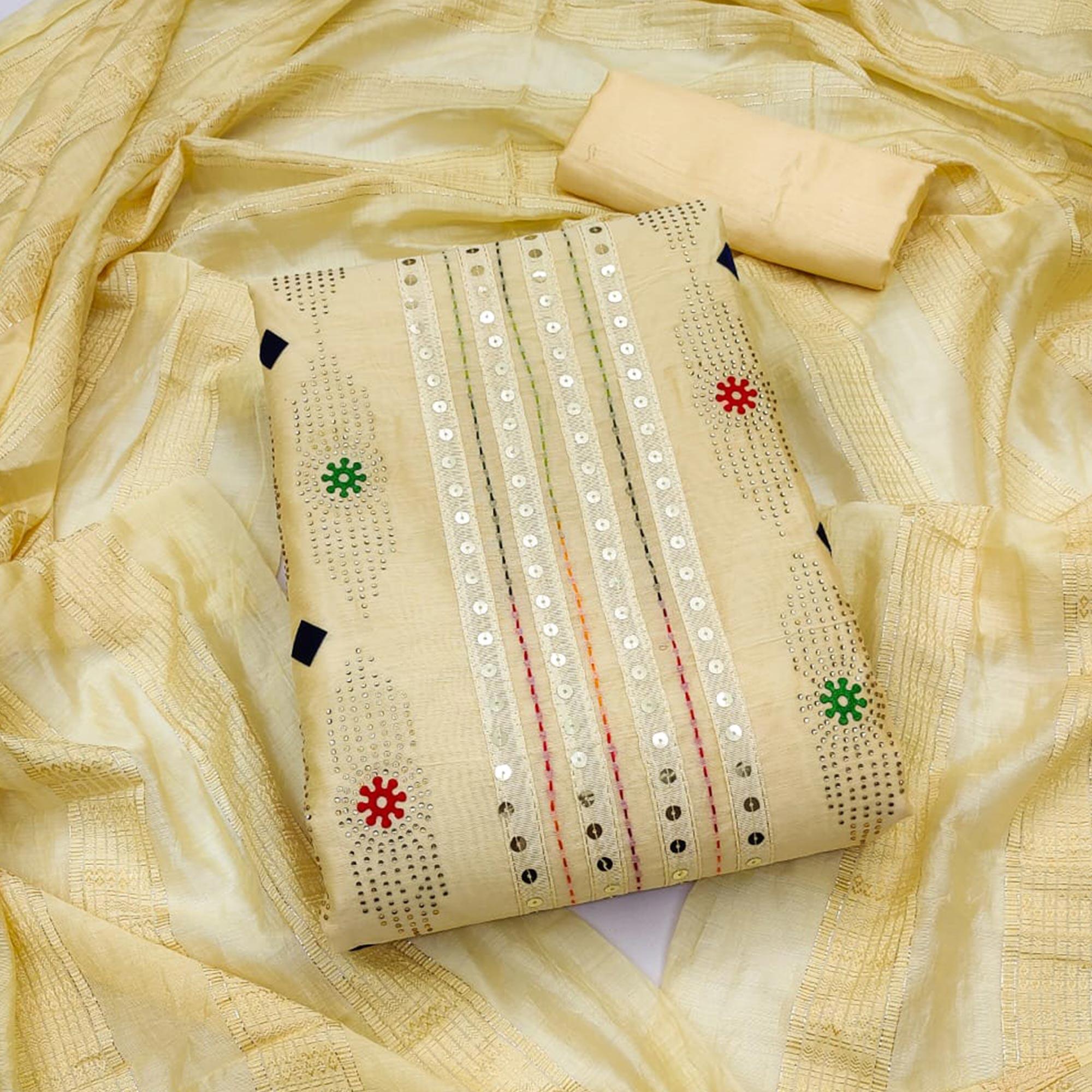 Yellow Embellished Chanderi Dress Material - Peachmode
