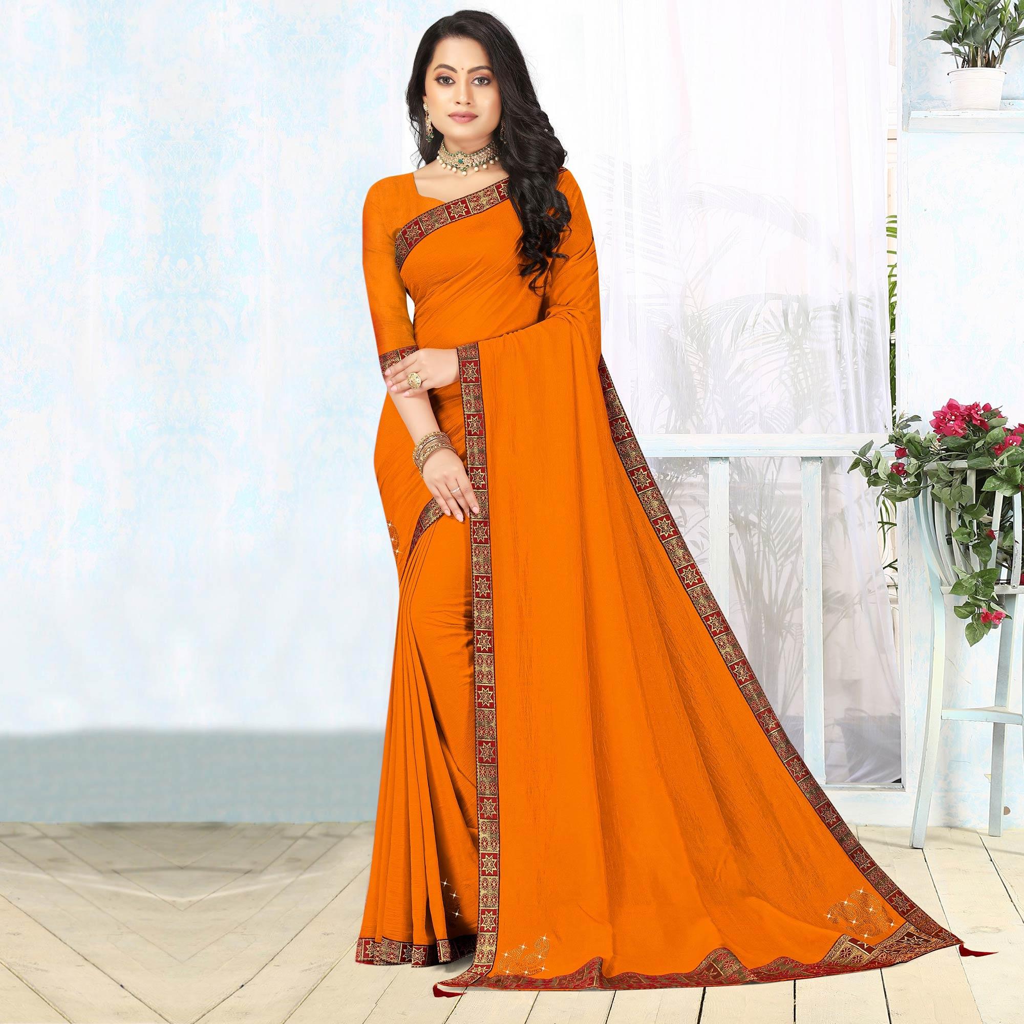 Yellow Embellished Vichitra Silk Saree - Peachmode