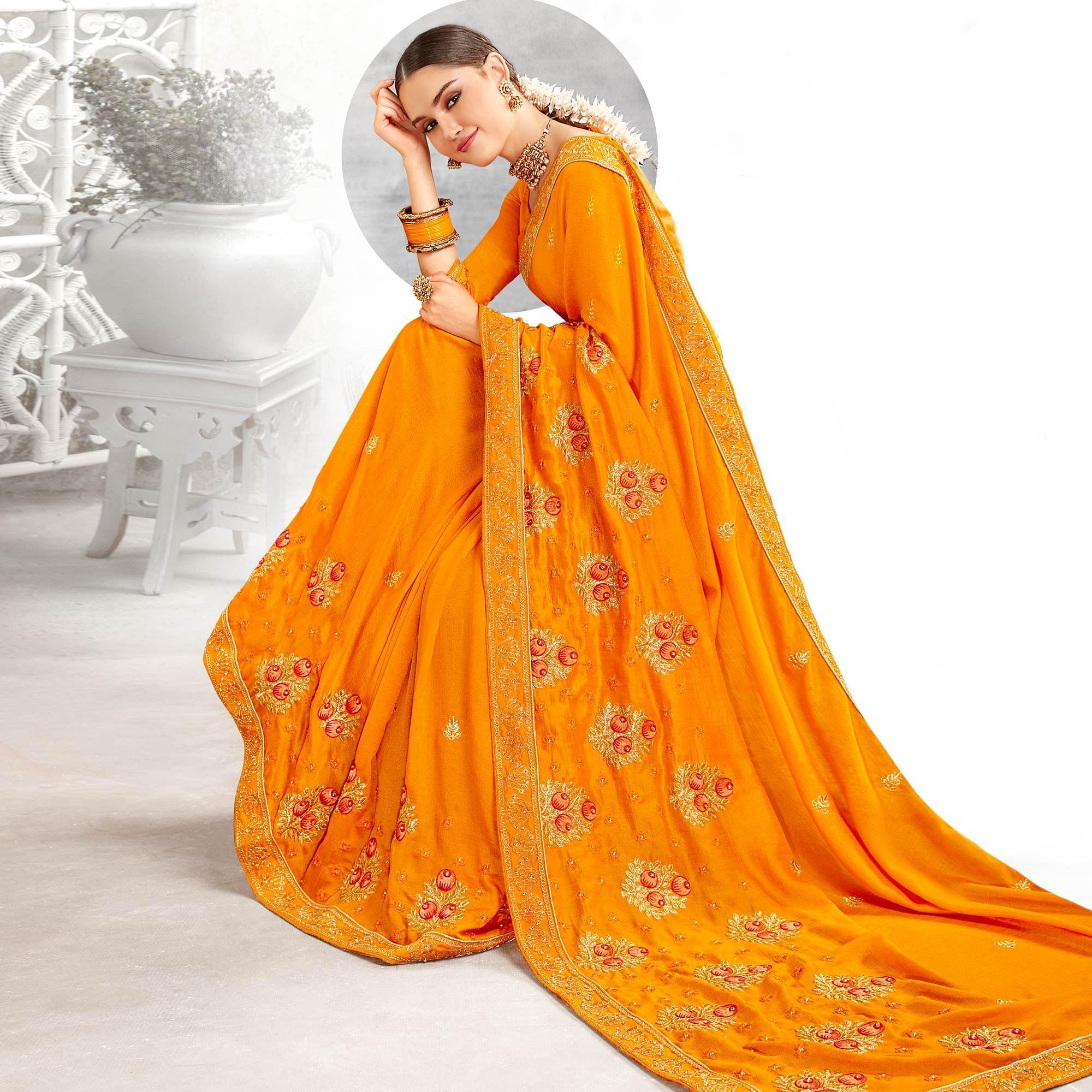 Yellow Embellished With Embroidered Art Silk Saree - Peachmode