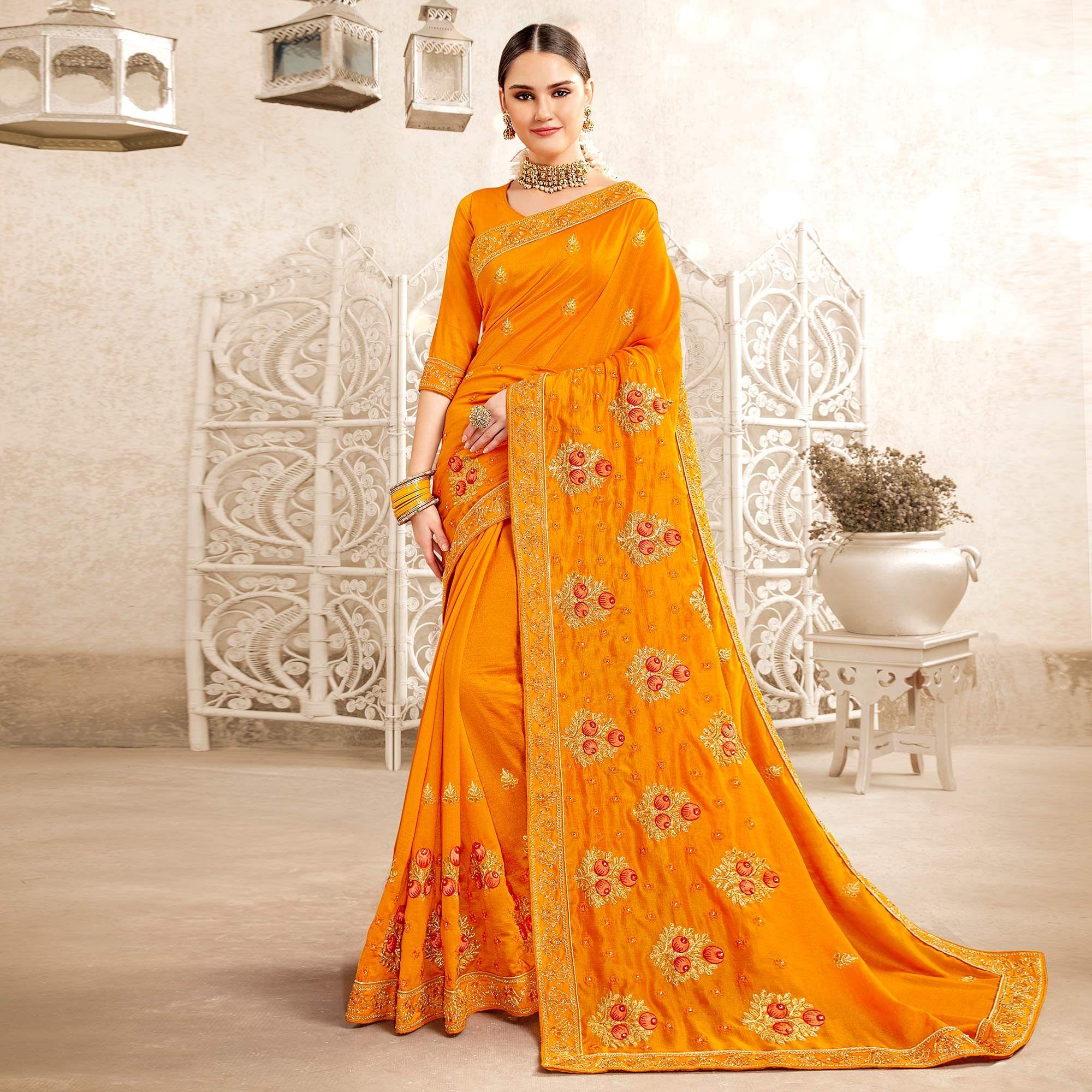 Yellow Embellished With Embroidered Art Silk Saree - Peachmode