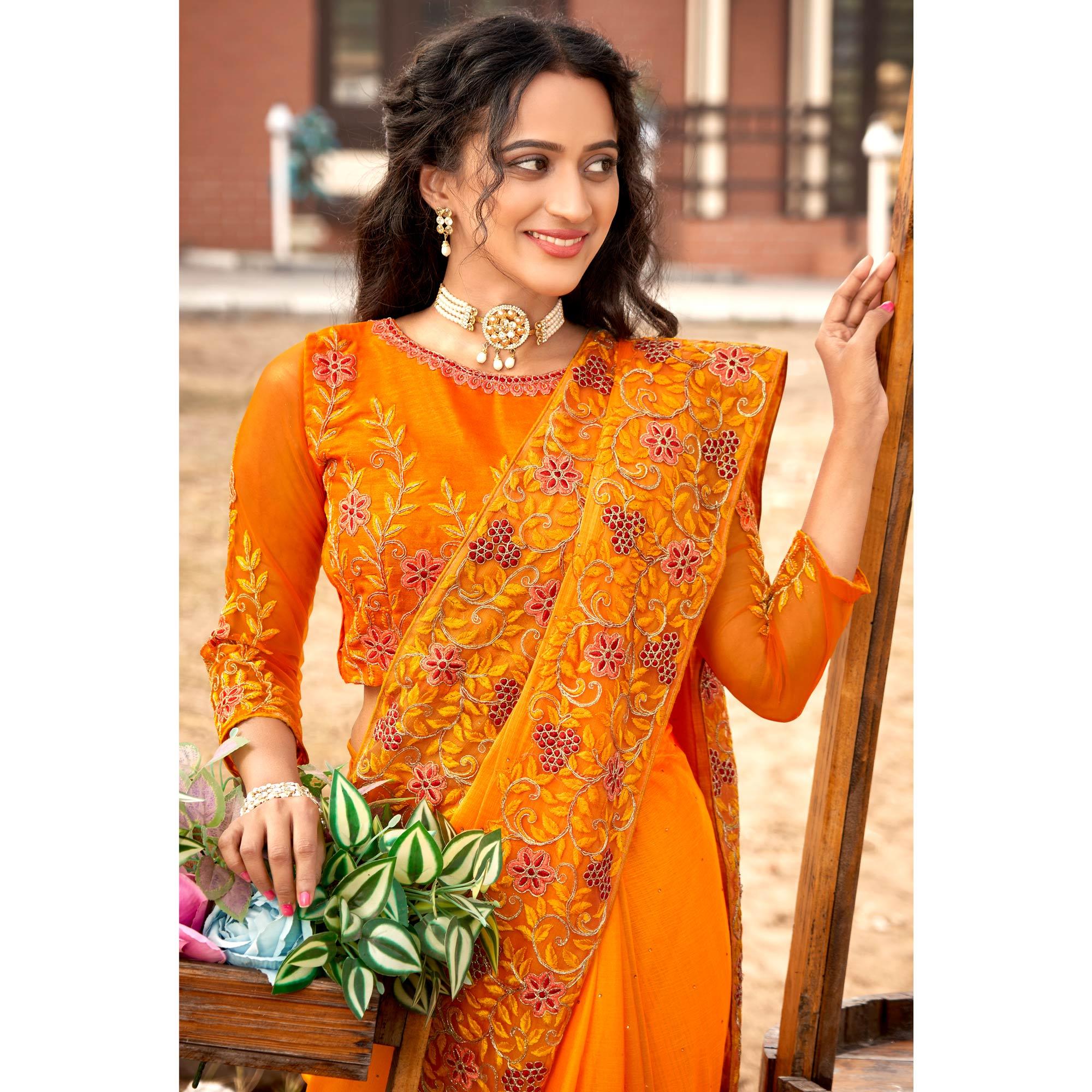 Yellow Embellished With Embroidered Chiffon Saree - Peachmode