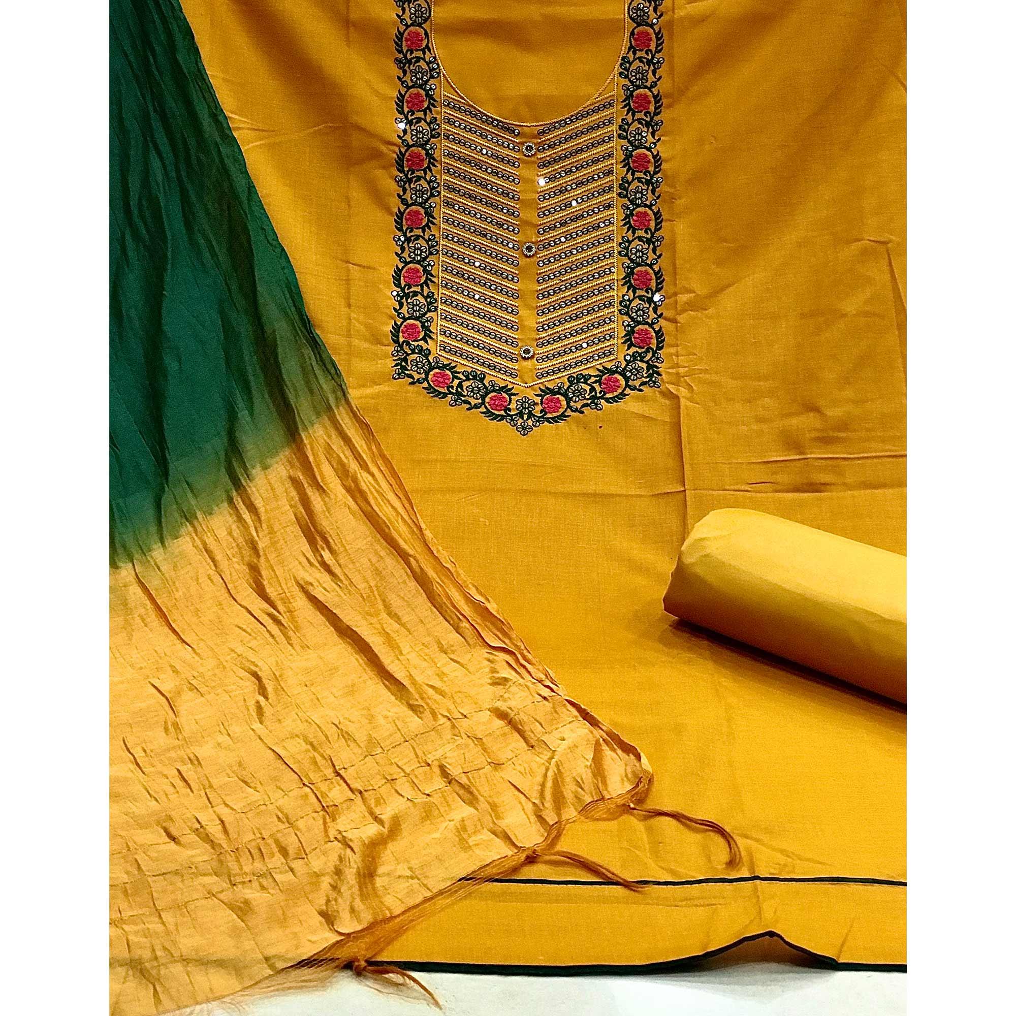 Yellow Embellished With Embroidered Cotton Blend Dress Material - Peachmode