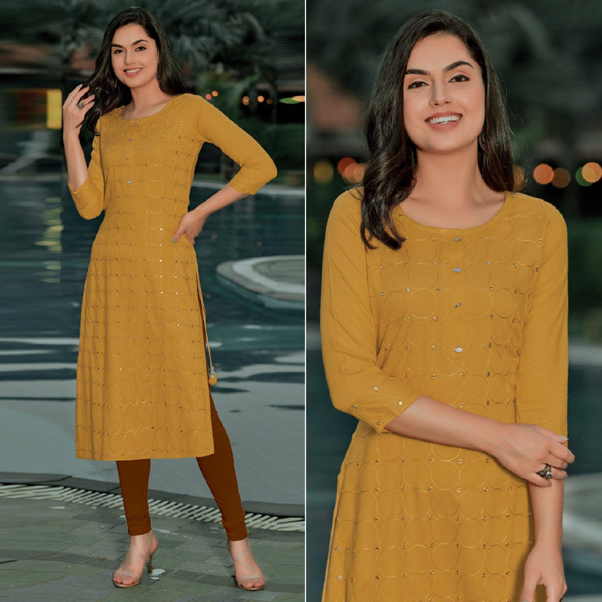 Yellow Embellished With Embroidered Cotton Kurti - Peachmode
