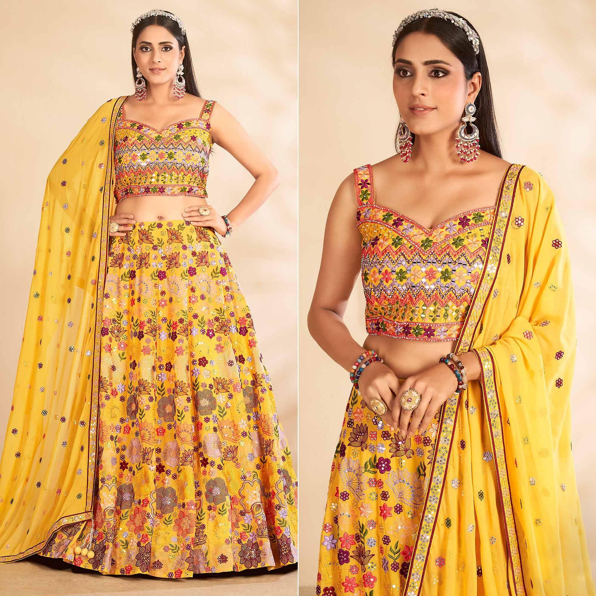 Yellow Embellished With Embroidered Georgette Lehenga Choli - Peachmode
