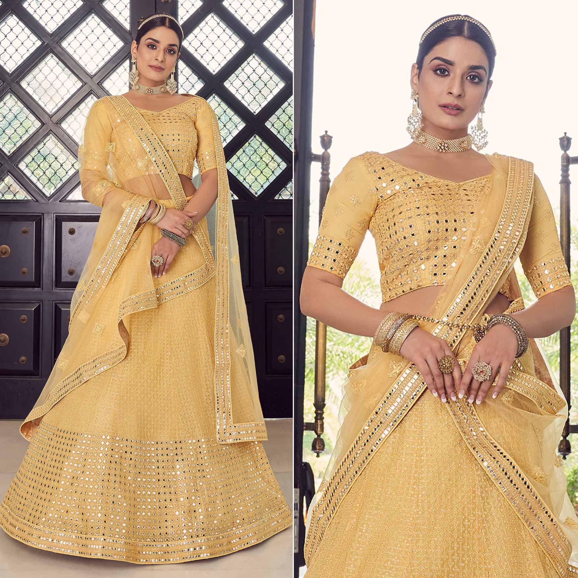 Yellow Embellished With Embroidered Georgette Lehenga Choli - Peachmode