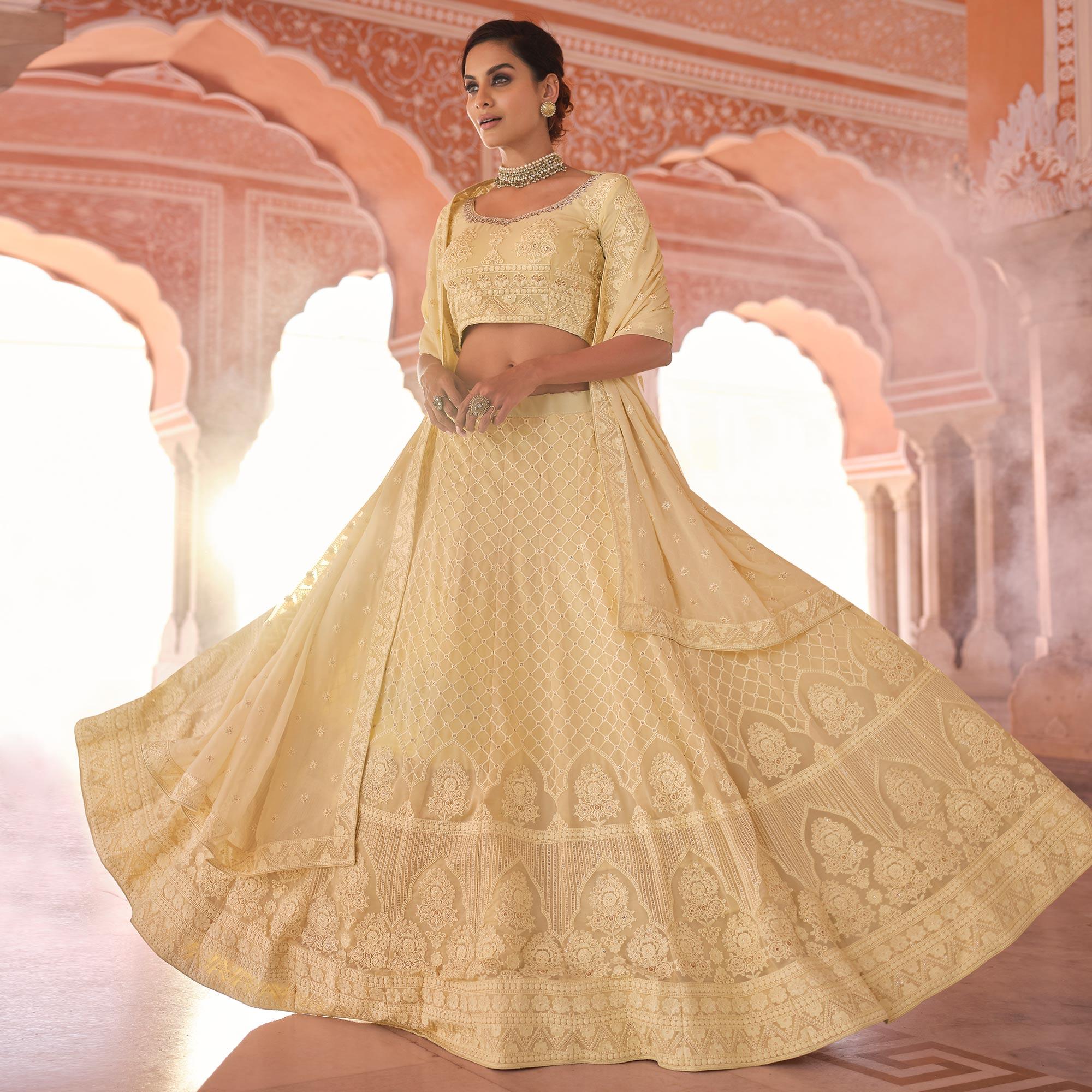 Yellow Embellished With Embroidered Georgette Lehenga Choli - Peachmode