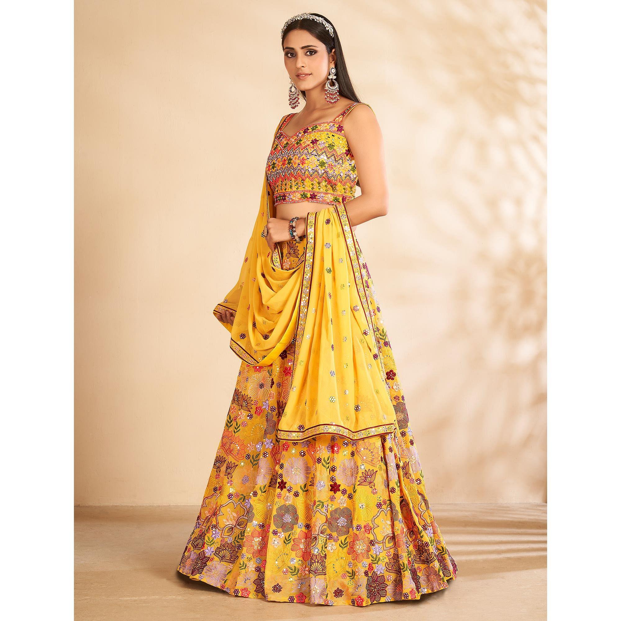 Yellow Embellished With Embroidered Georgette Lehenga Choli - Peachmode