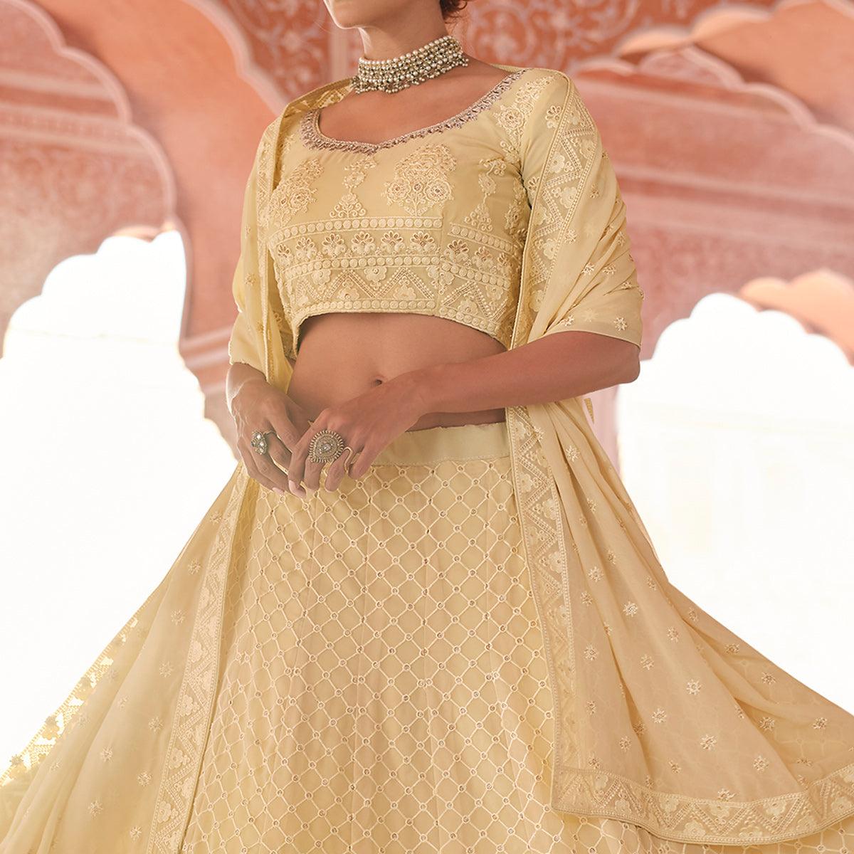Yellow Embellished With Embroidered Georgette Lehenga Choli - Peachmode