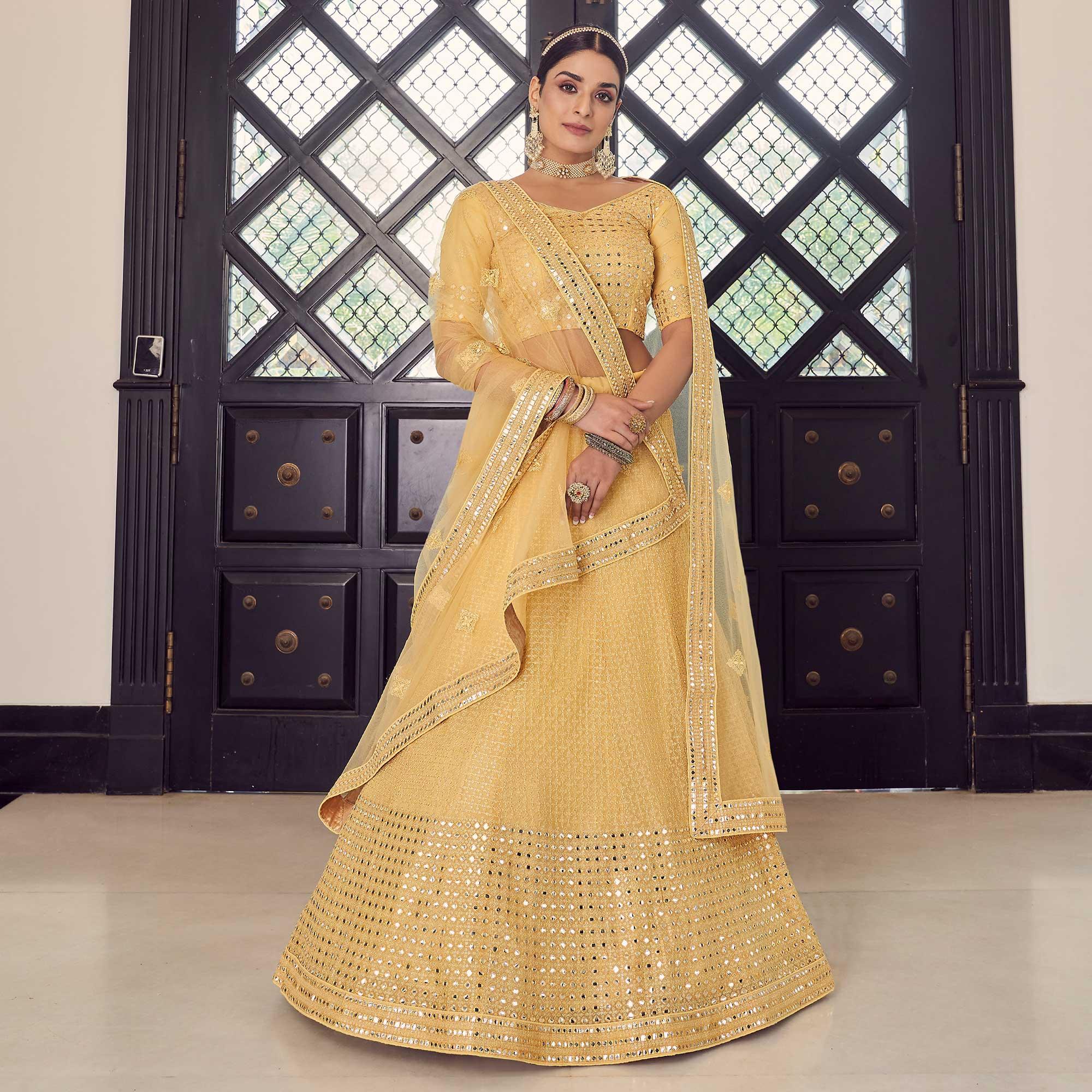 Yellow Embellished With Embroidered Georgette Lehenga Choli - Peachmode