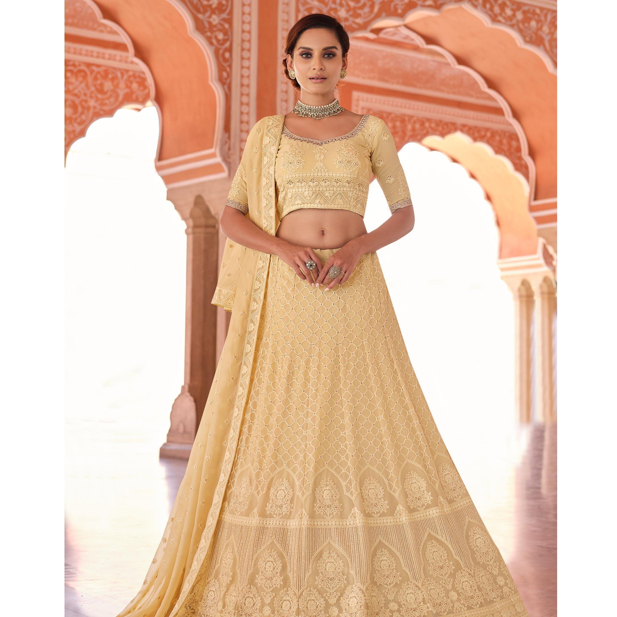 Yellow Embellished With Embroidered Georgette Lehenga Choli - Peachmode