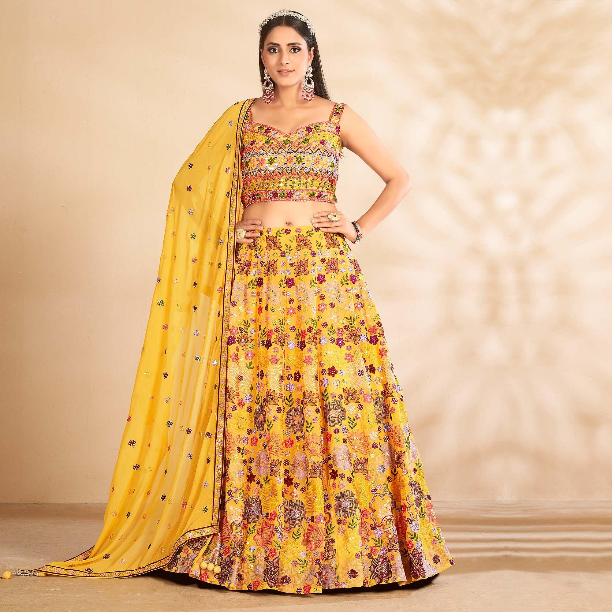 Yellow Embellished With Embroidered Georgette Lehenga Choli - Peachmode
