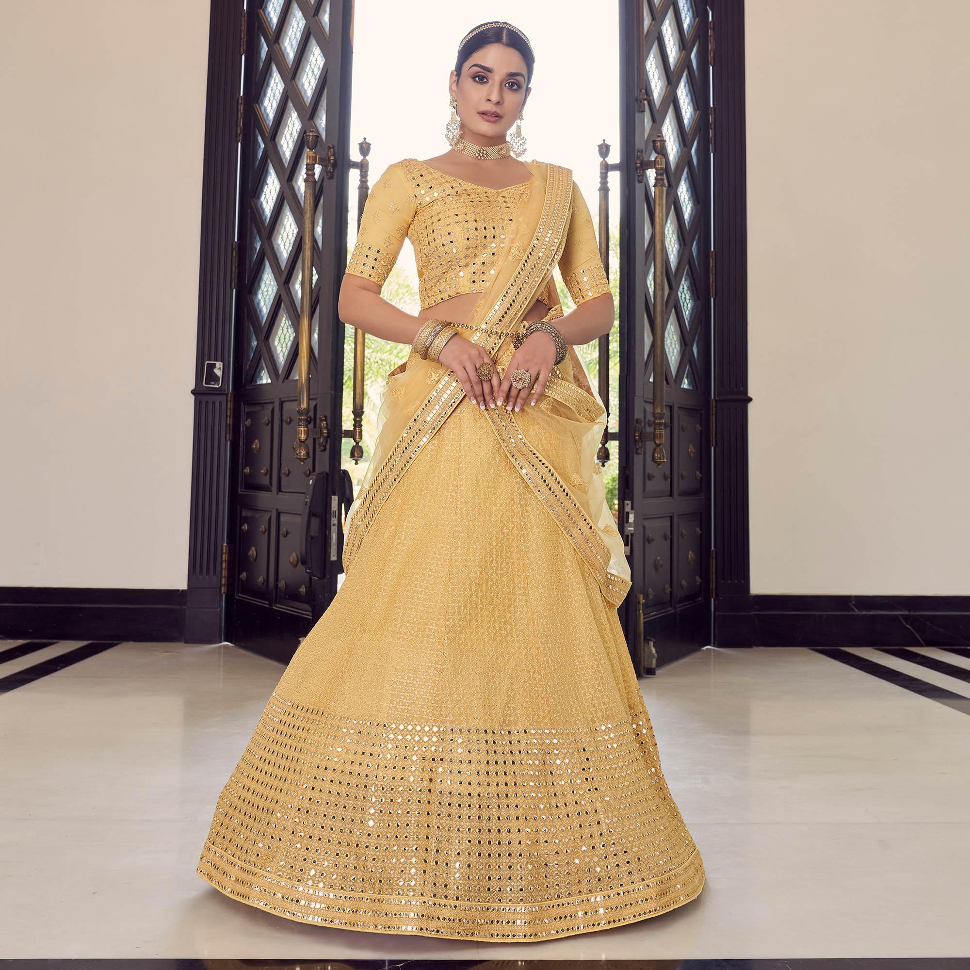 Yellow Embellished With Embroidered Georgette Lehenga Choli - Peachmode