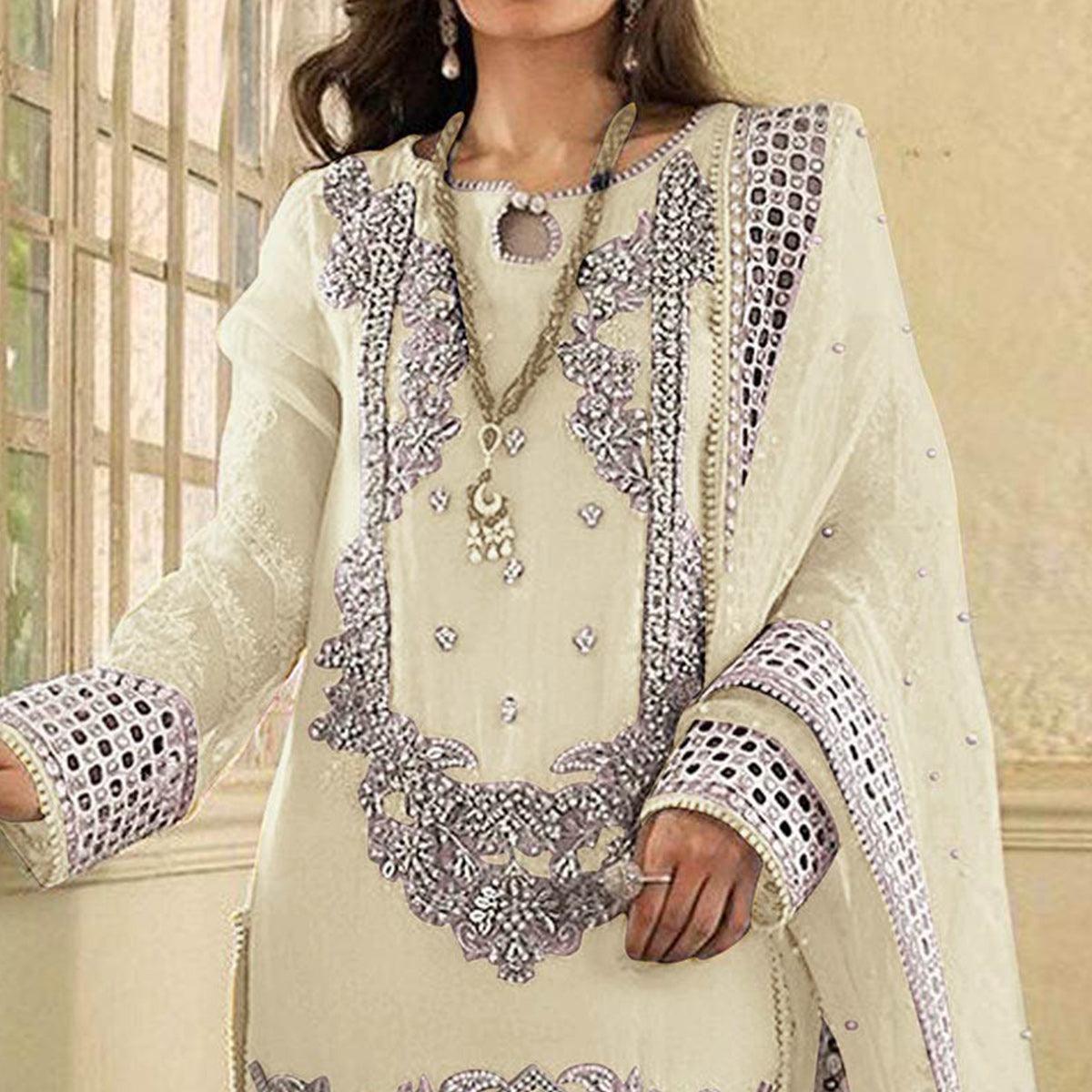 Yellow Embellished With Embroidered Georgette Pakistani Suit - Peachmode