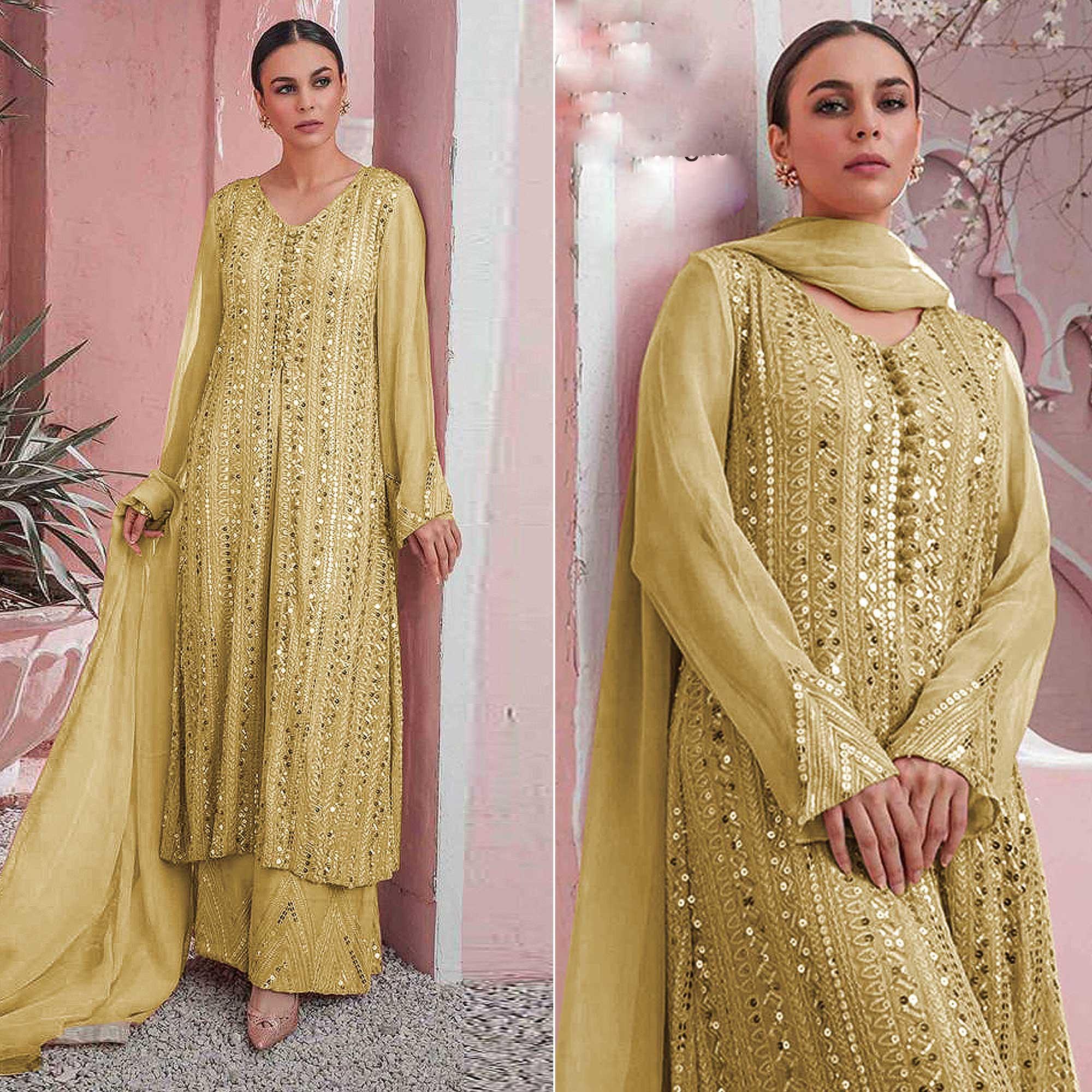 Yellow Embellished With Embroidered Georgette Palazzo Suit - Peachmode