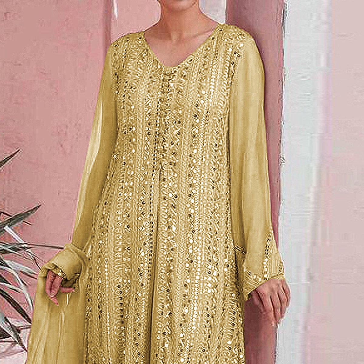 Yellow Embellished With Embroidered Georgette Palazzo Suit - Peachmode