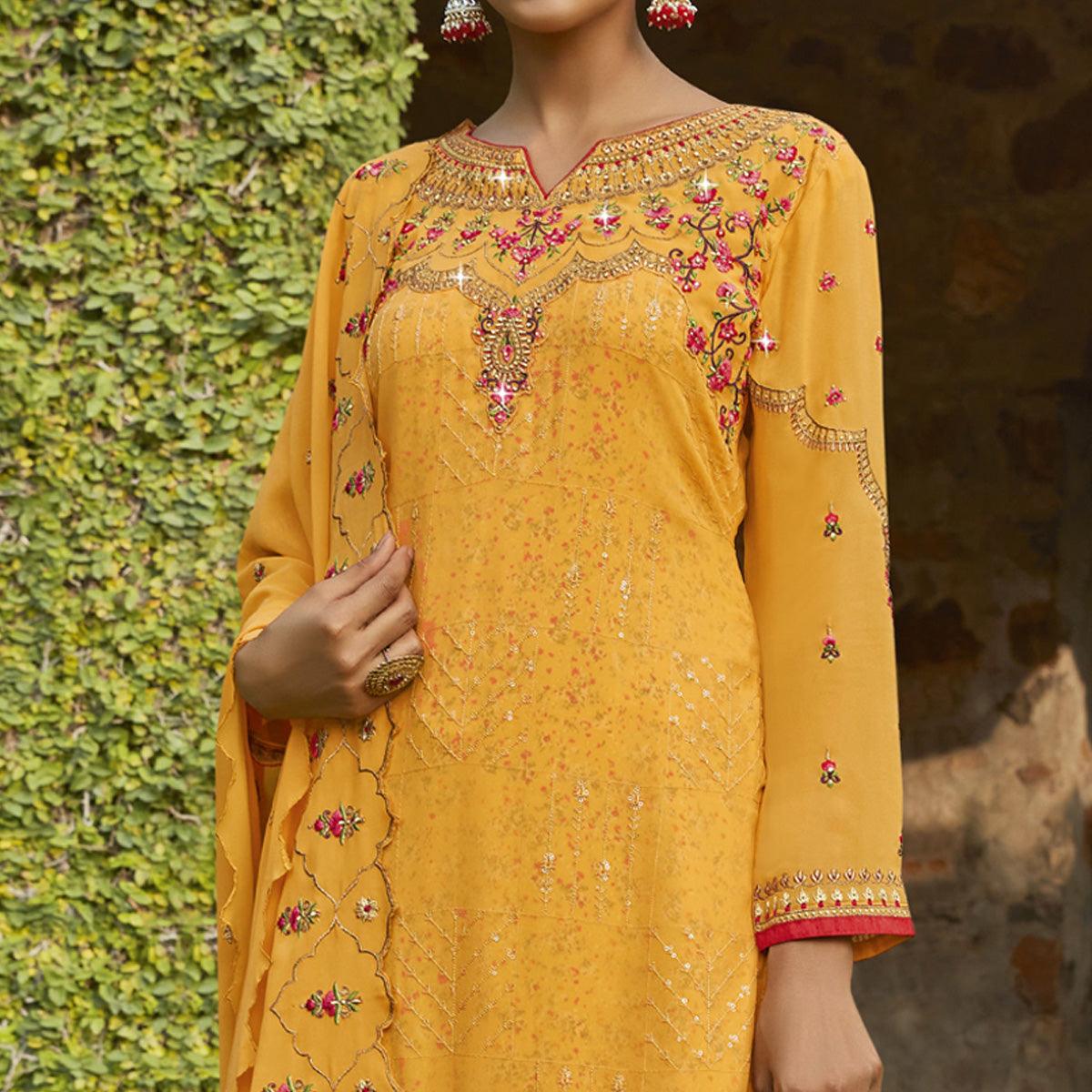 Yellow Embellished With Embroidered Georgette Palazzo Suit - Peachmode